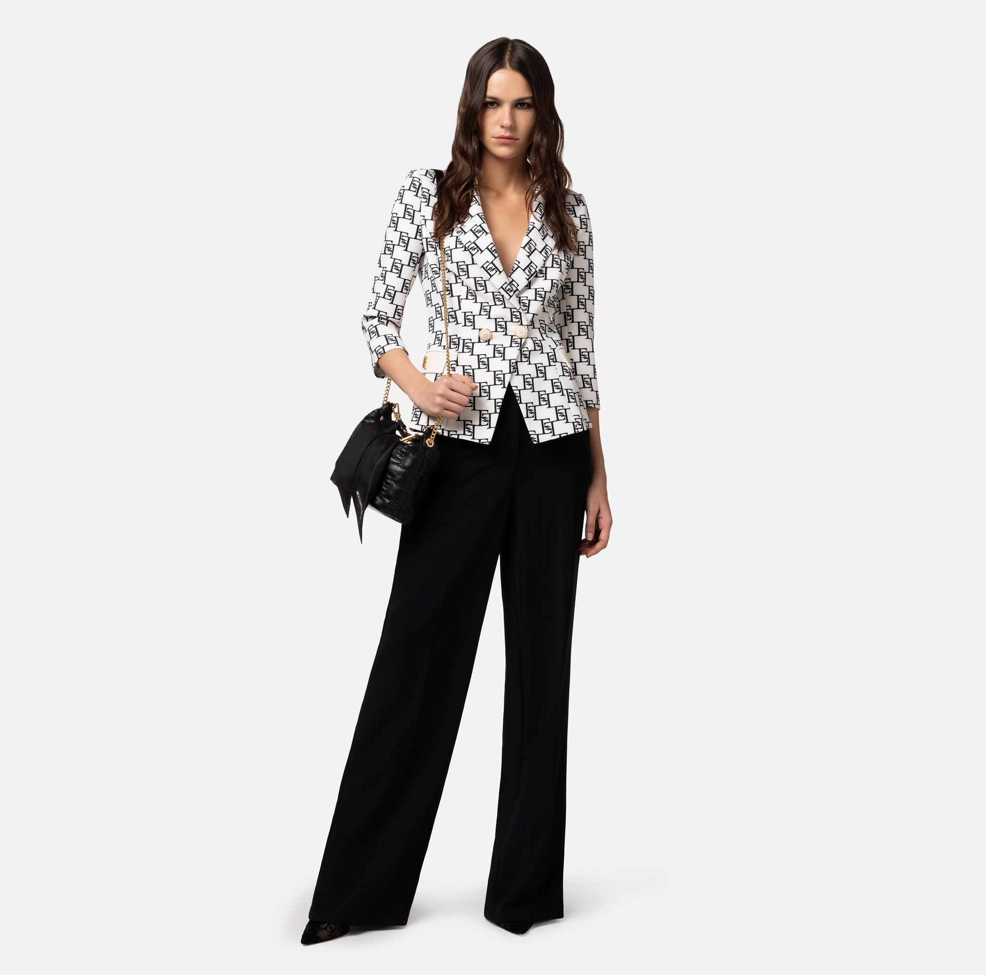 Double-breasted crêpe jacket with logo print and plaque - Elisabetta Franchi® Outlet