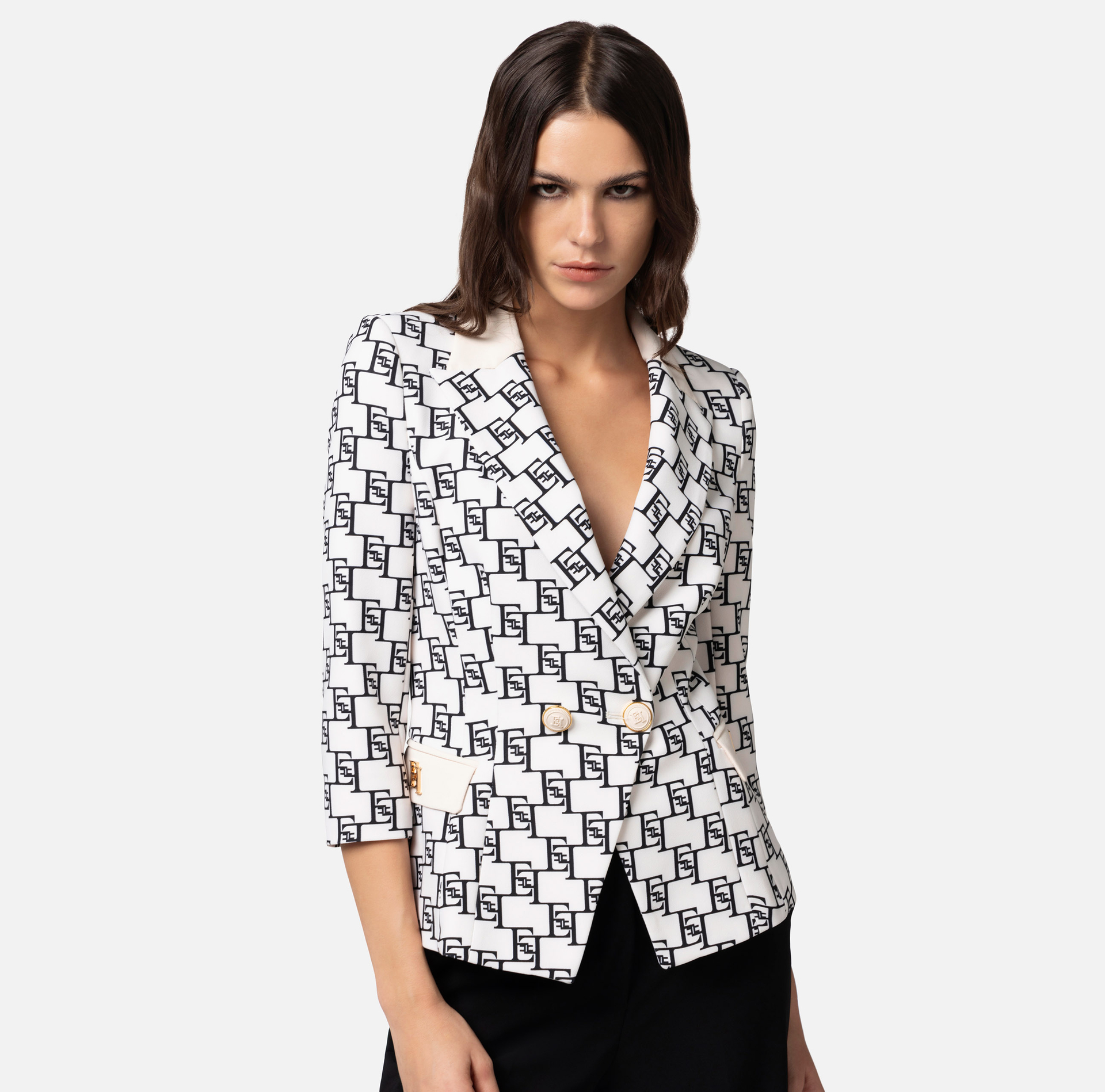Double-breasted crêpe jacket with logo print and plaque - Elisabetta Franchi® Outlet