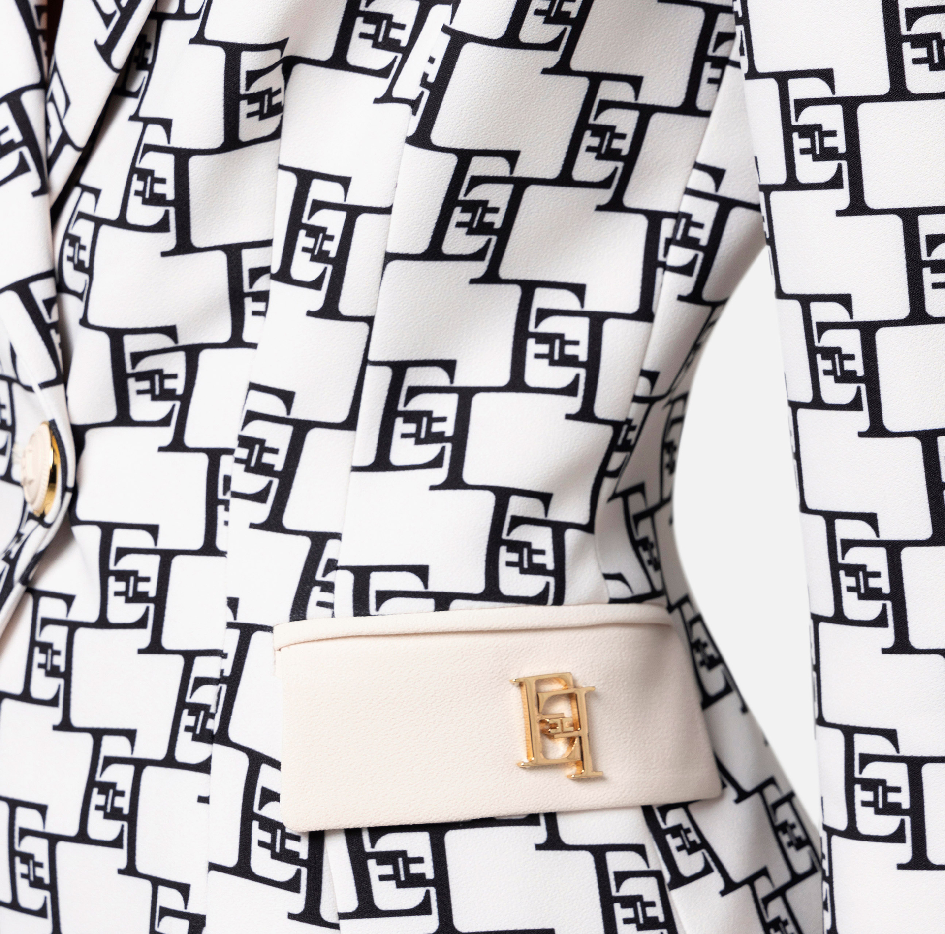 Double-breasted crêpe jacket with logo print and plaque - Elisabetta Franchi® Outlet