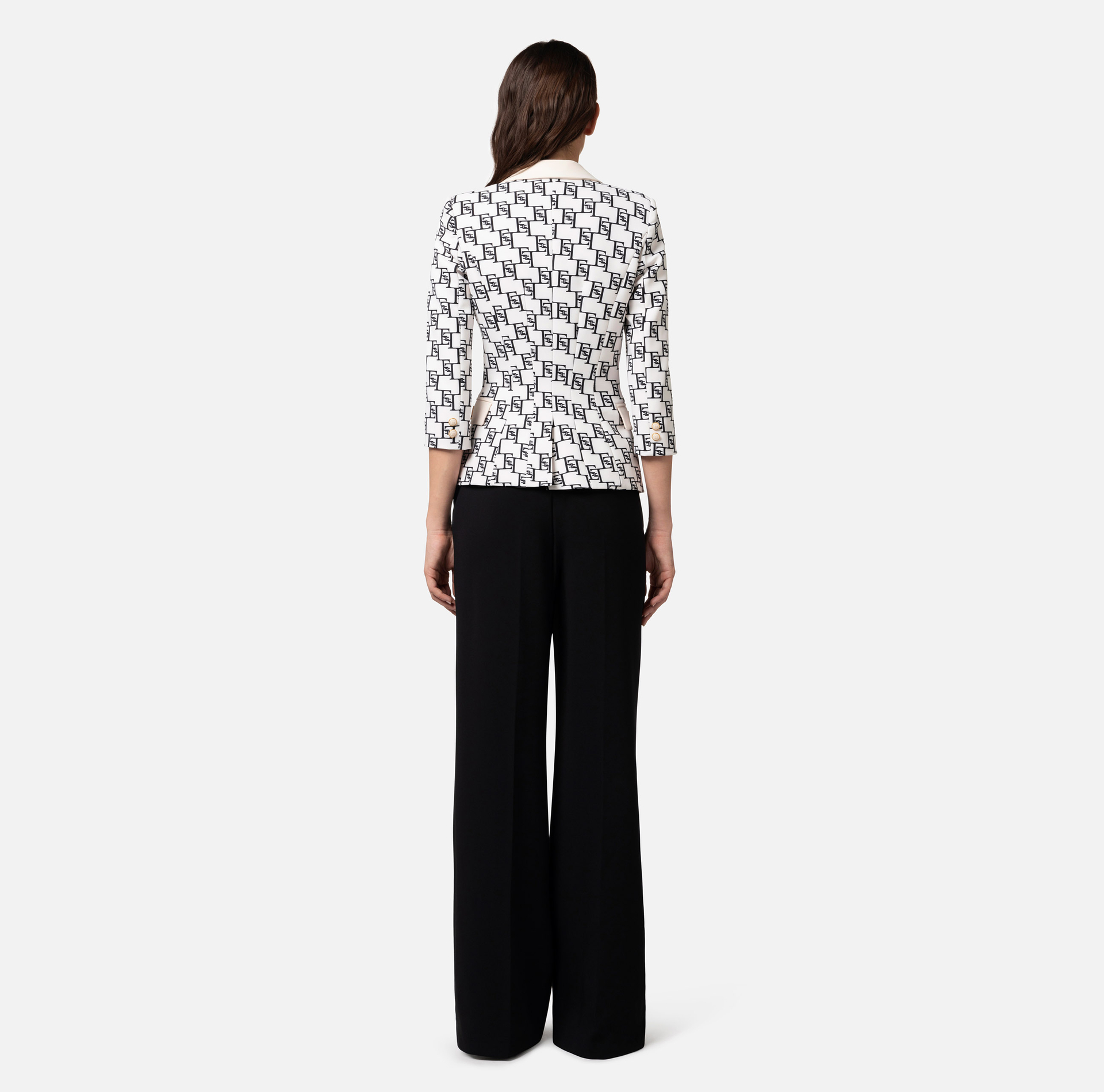 Double-breasted crêpe jacket with logo print and plaque - Elisabetta Franchi® Outlet