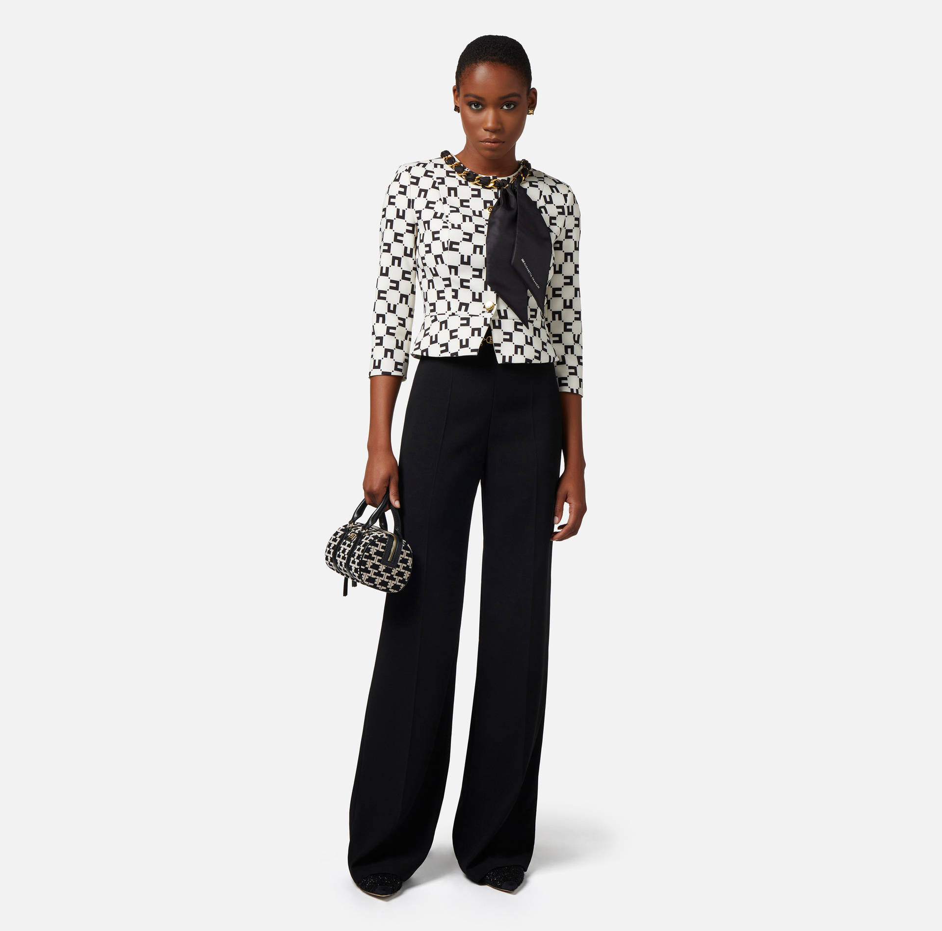 Crêpe jacket with logo print and foulard scarf chain - Elisabetta Franchi® Outlet