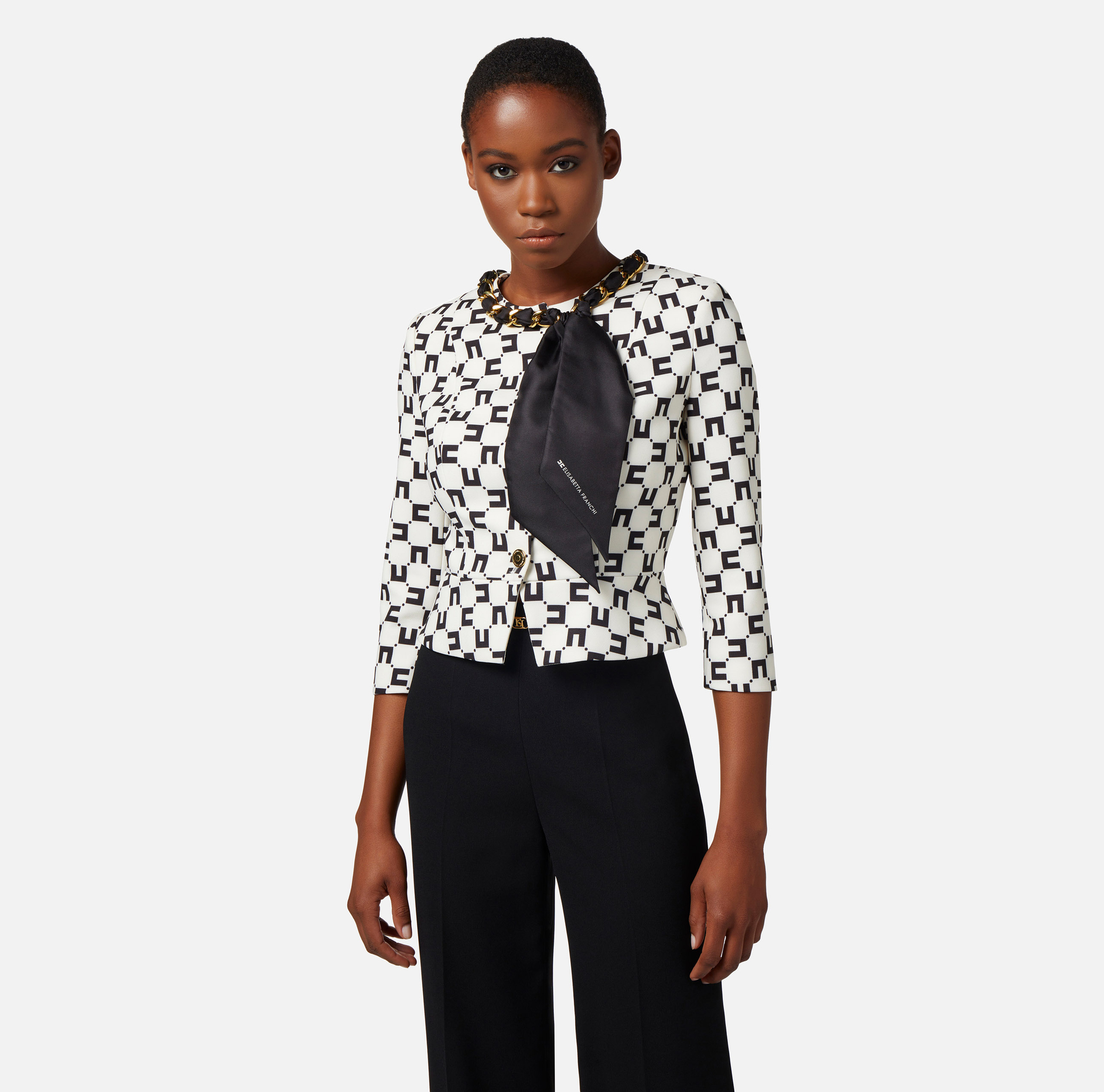 Crêpe jacket with logo print and foulard scarf chain - Elisabetta Franchi® Outlet