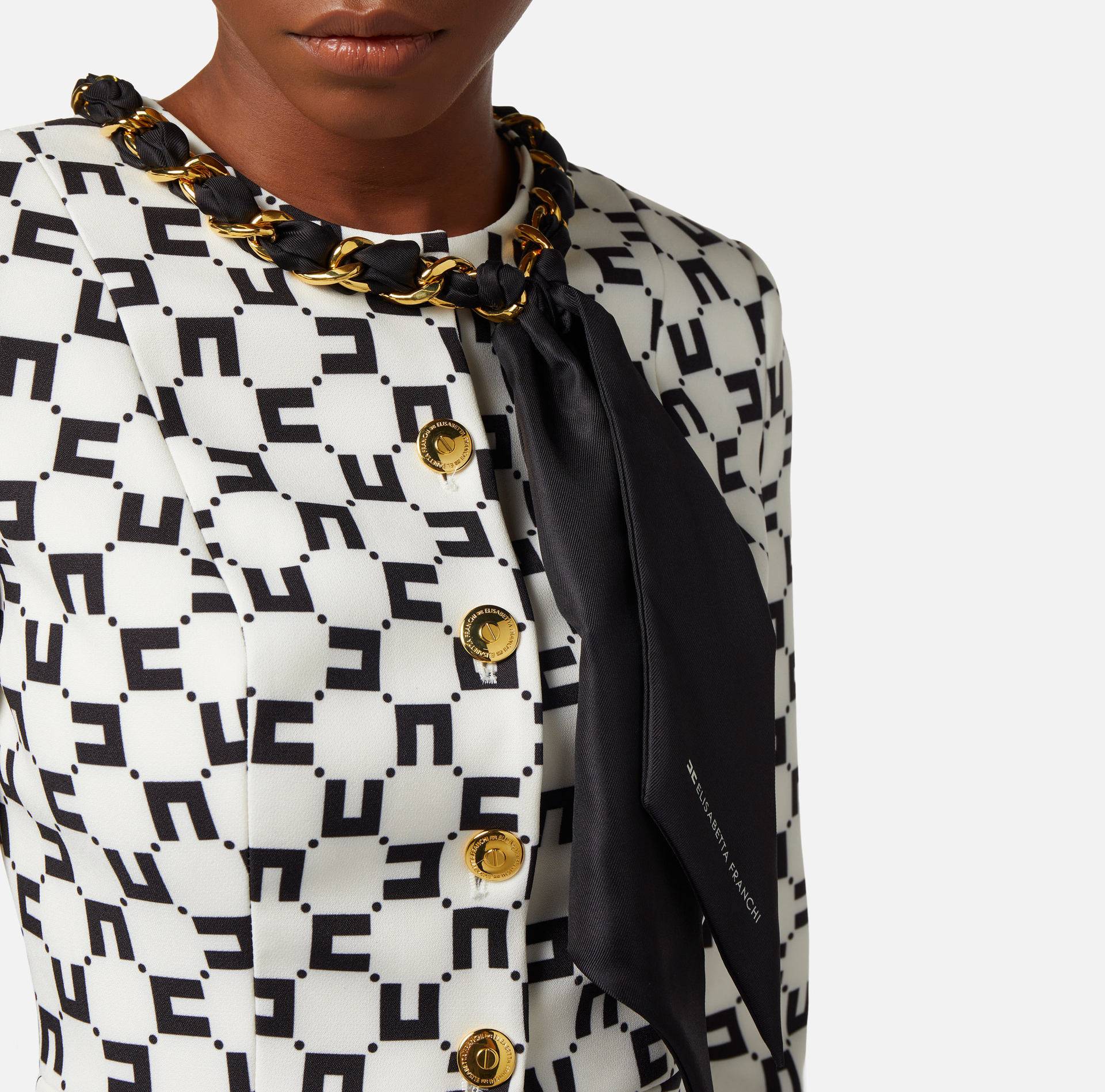 Crêpe jacket with logo print and foulard scarf chain - Elisabetta Franchi® Outlet