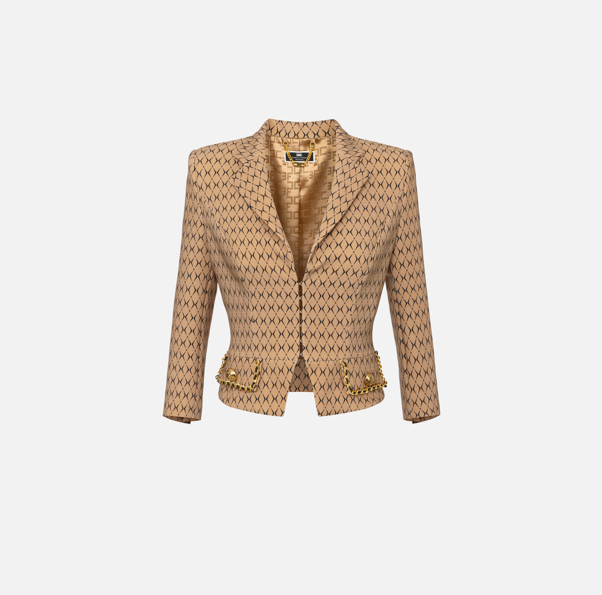 Giacca cropped in crêpe stretch stampa rombo con catena | Elisabetta Franchi® Outlet