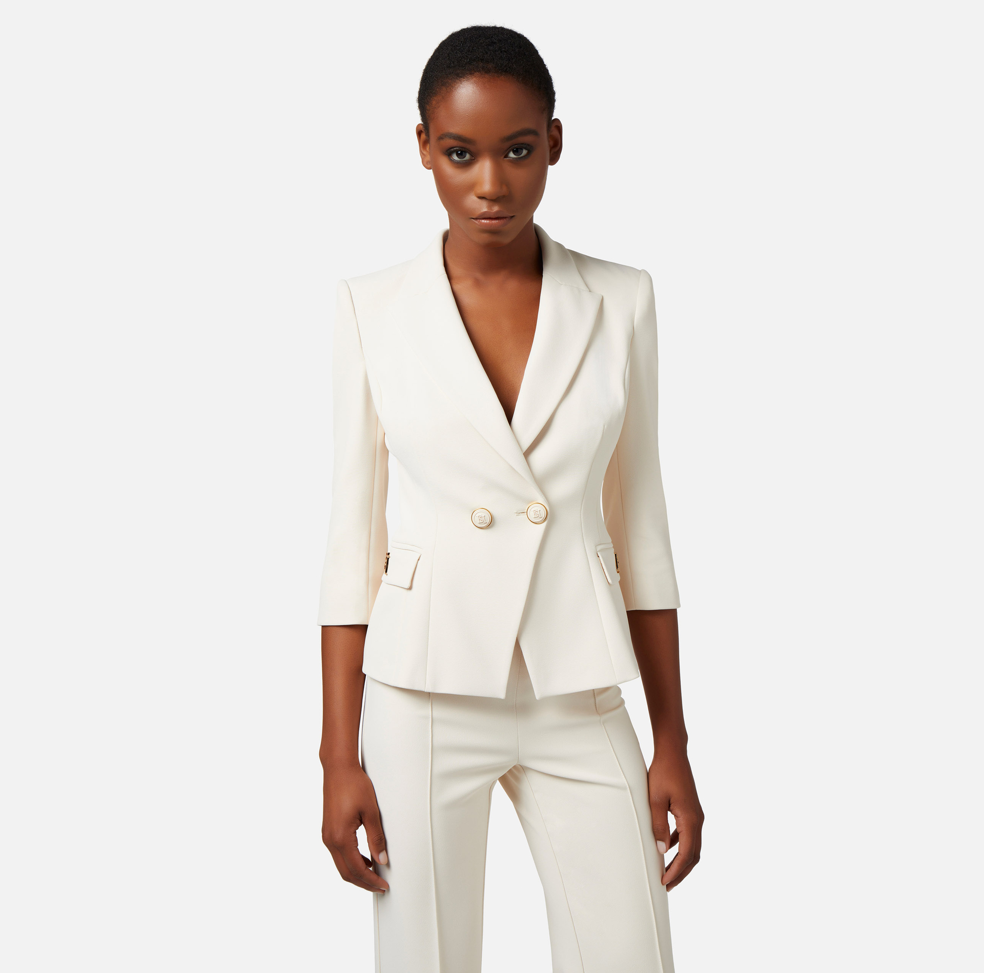 Double-breasted crêpe jacket with logo plaque - Elisabetta Franchi® Outlet