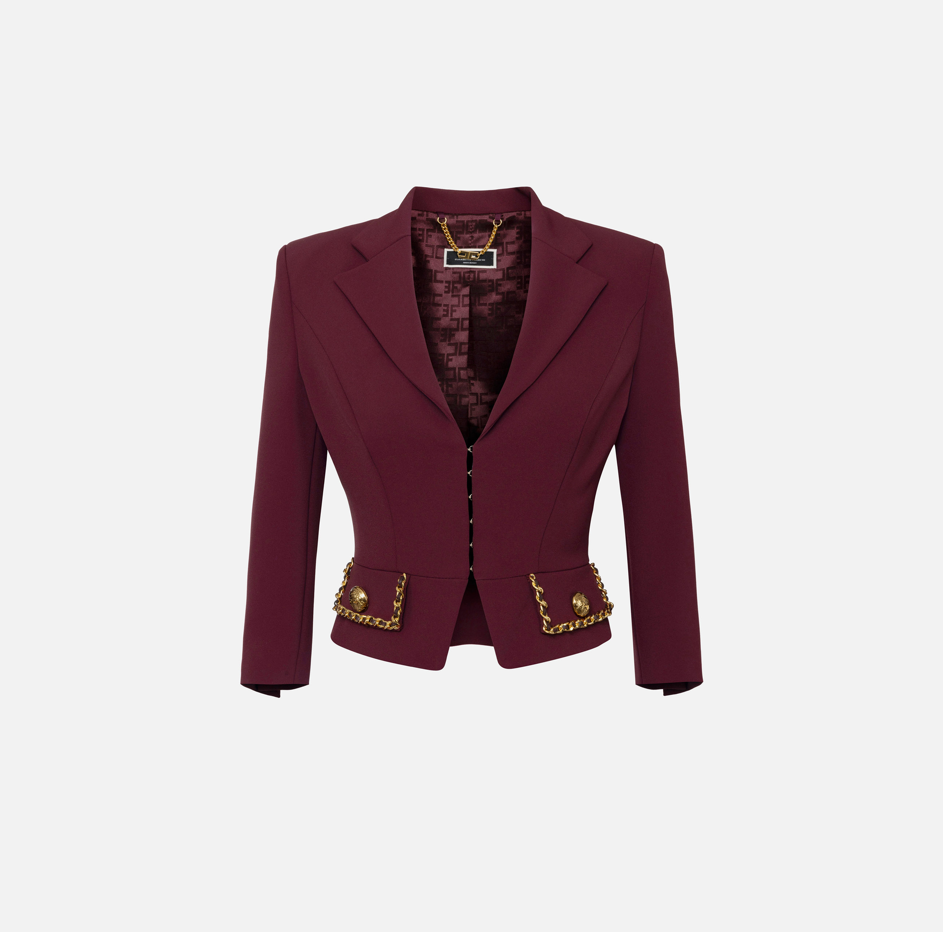 Cropped stretch crêpe jacket with chain | Elisabetta Franchi® Outlet