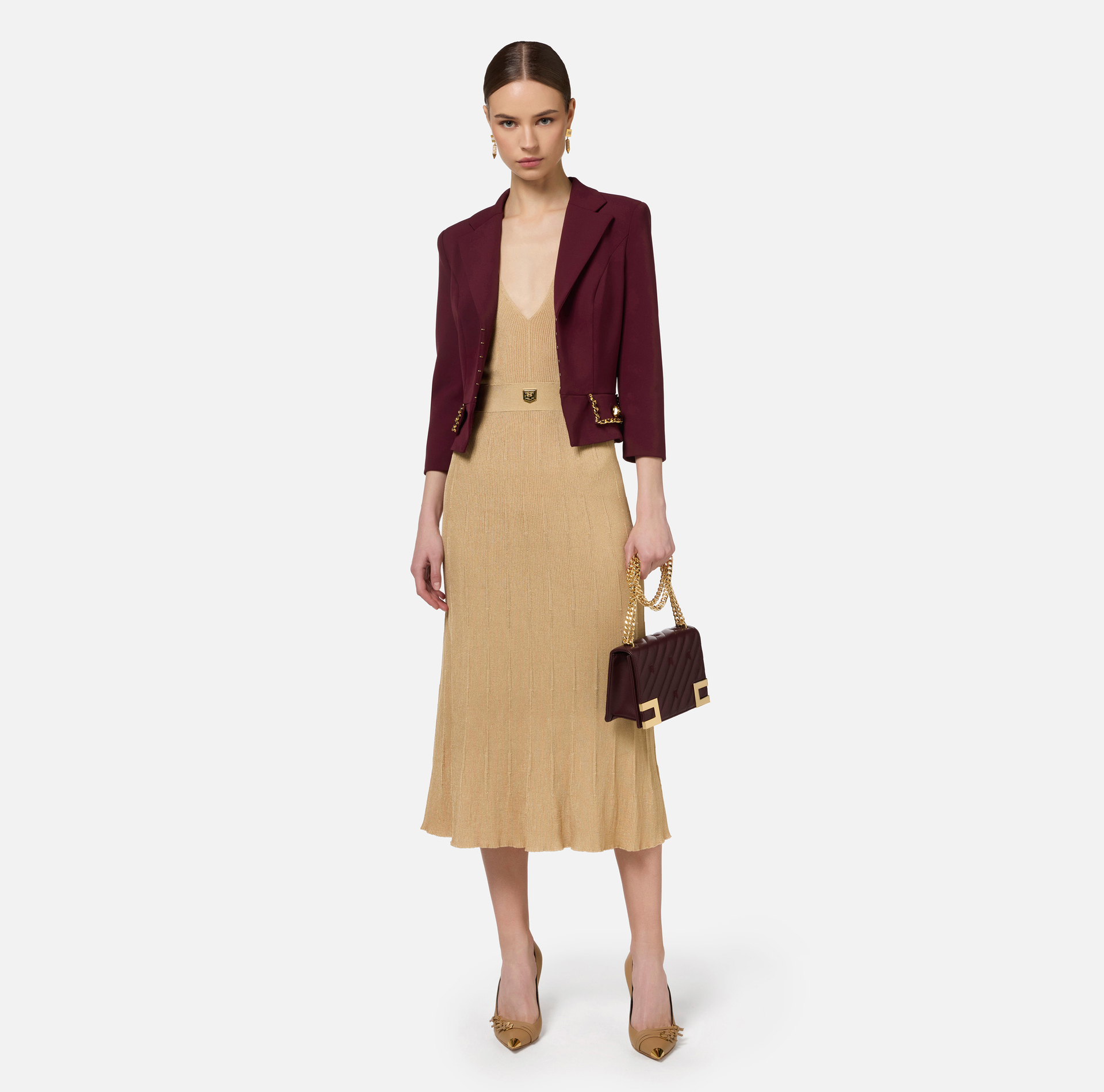 Cropped stretch crêpe jacket with chain | Elisabetta Franchi® Outlet