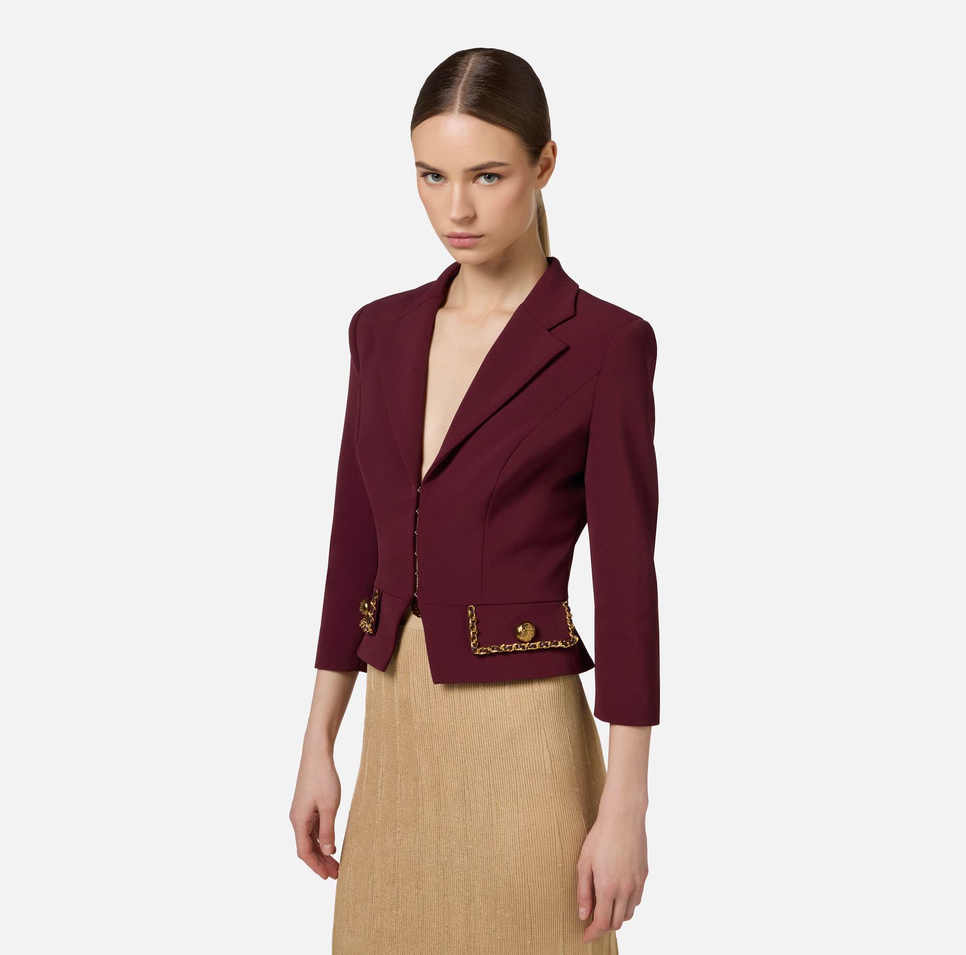 Cropped stretch crêpe jacket with chain | Elisabetta Franchi® Outlet