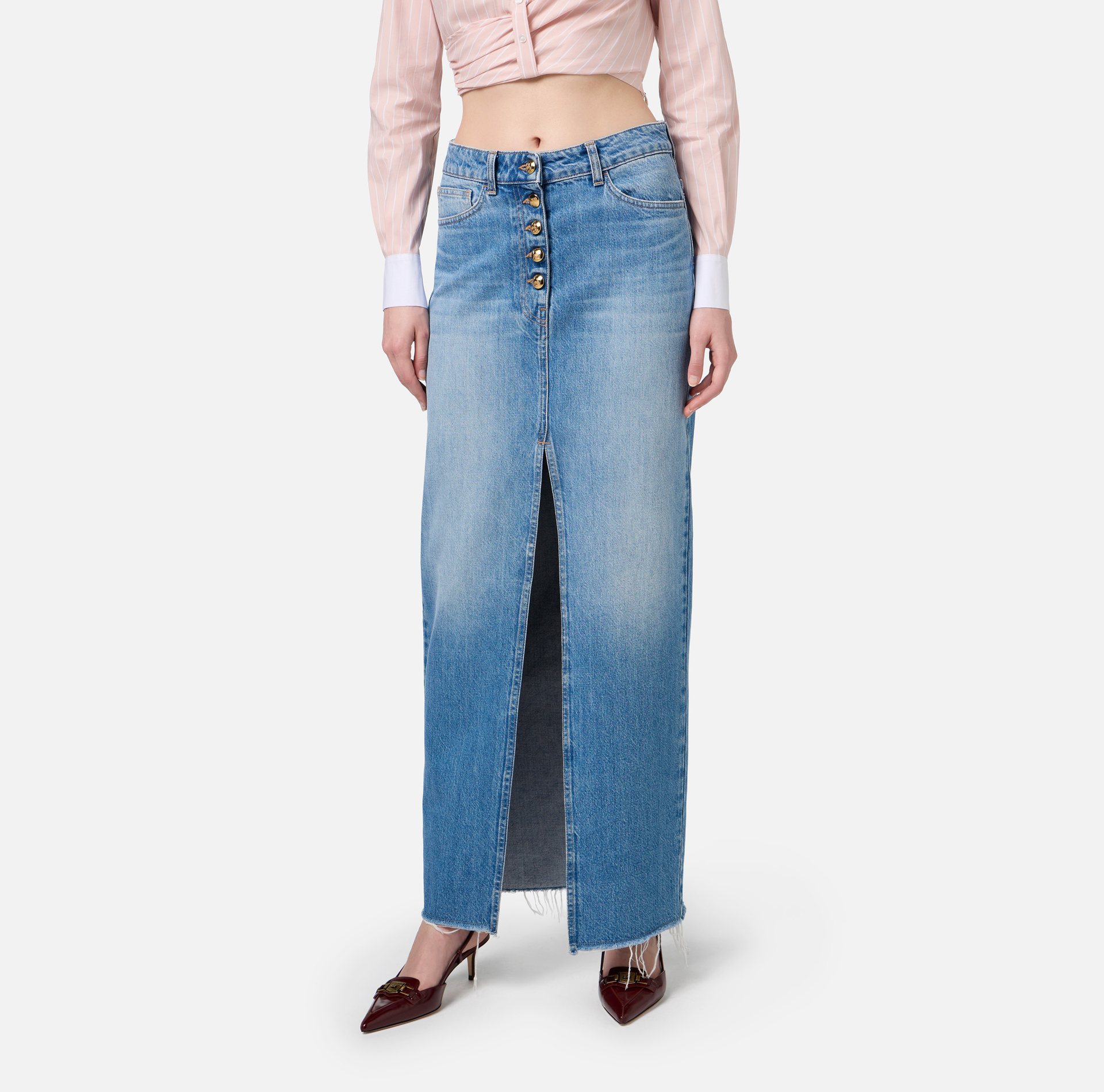 Jupe longue en denim avec fente - Elisabetta Franchi® Outlet