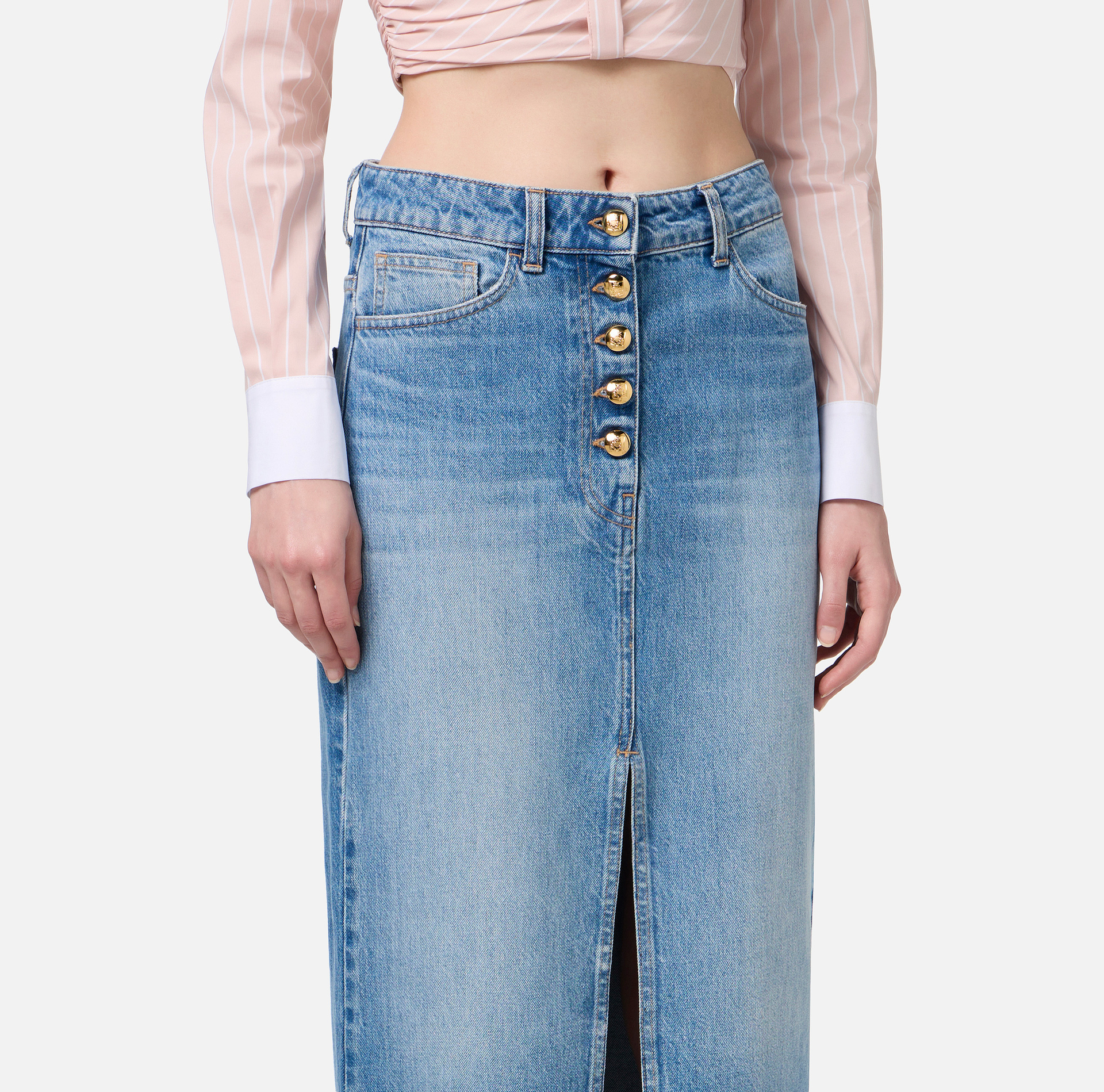 Jupe longue en denim avec fente - Elisabetta Franchi® Outlet