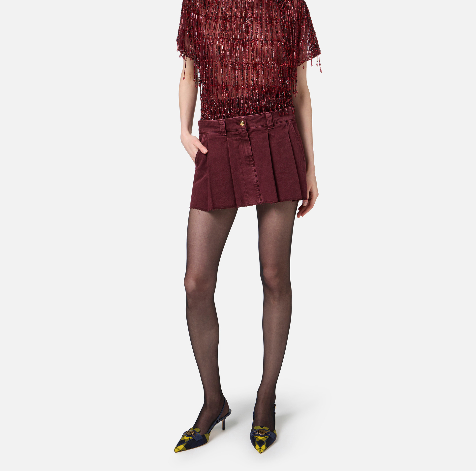 Pleated denim miniskirt | Elisabetta Franchi® Outlet