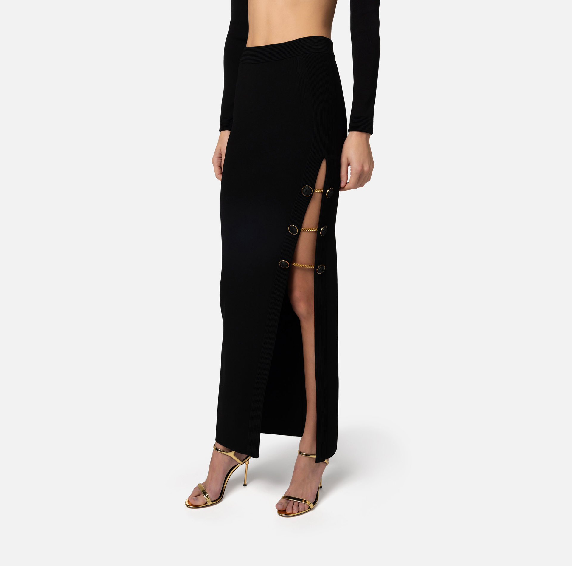 Shiny viscose long dress with cufflink buttons - Elisabetta Franchi® Outlet