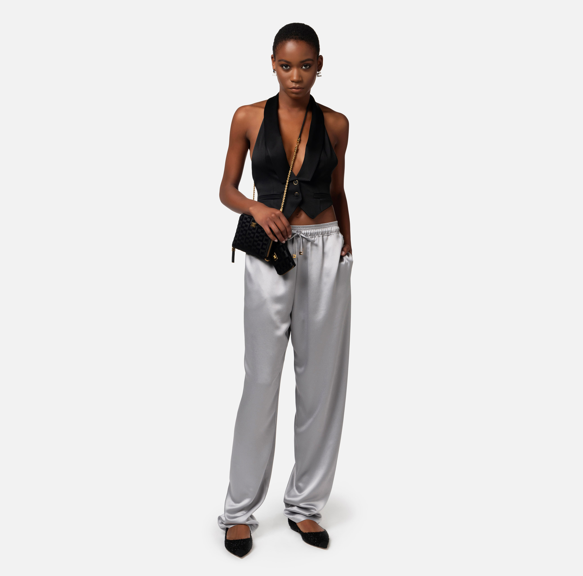 Gilet smoking en satin avec ceinture à nouer - Elisabetta Franchi® Outlet