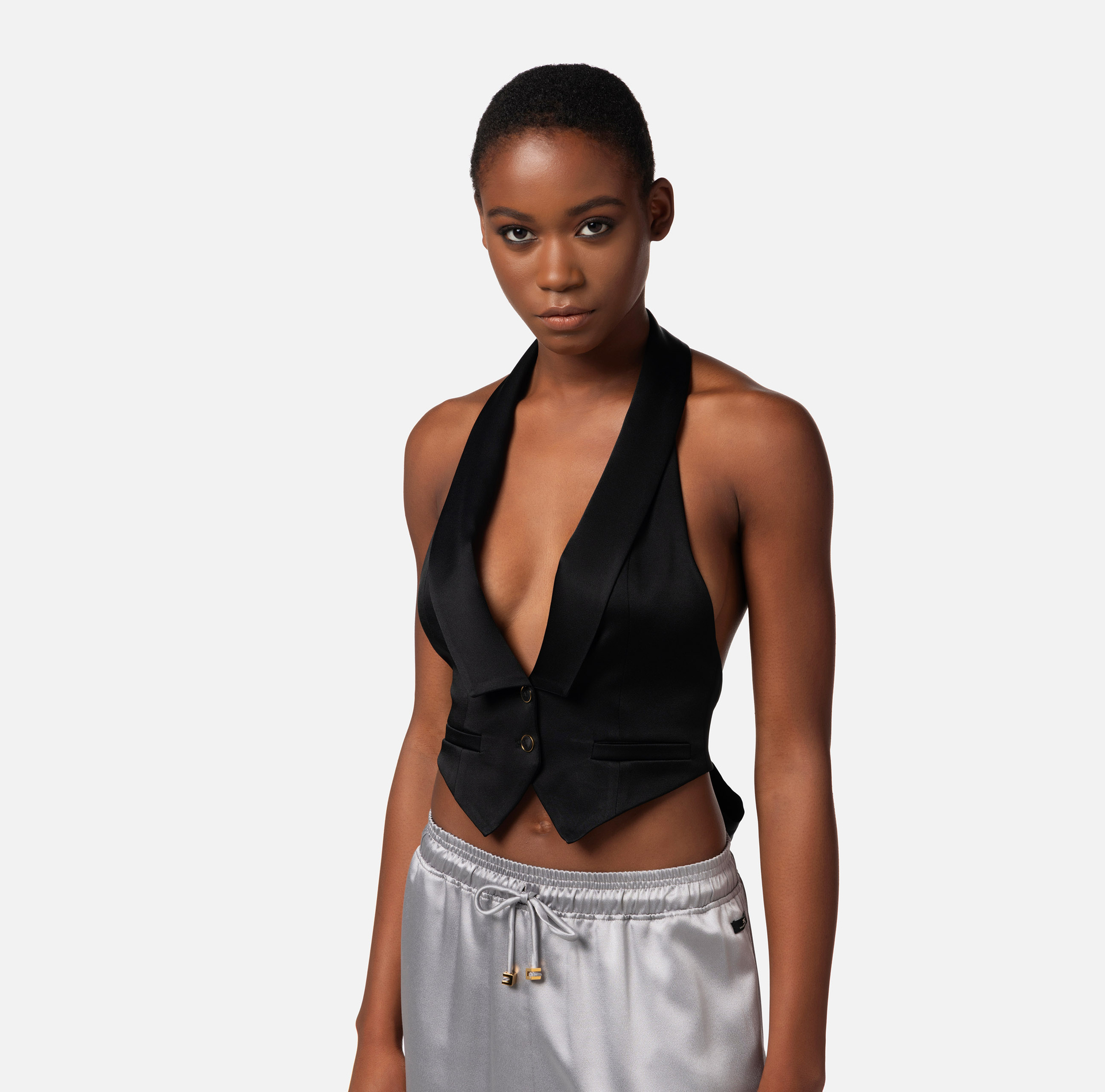 Gilet smoking en satin avec ceinture à nouer - Elisabetta Franchi® Outlet