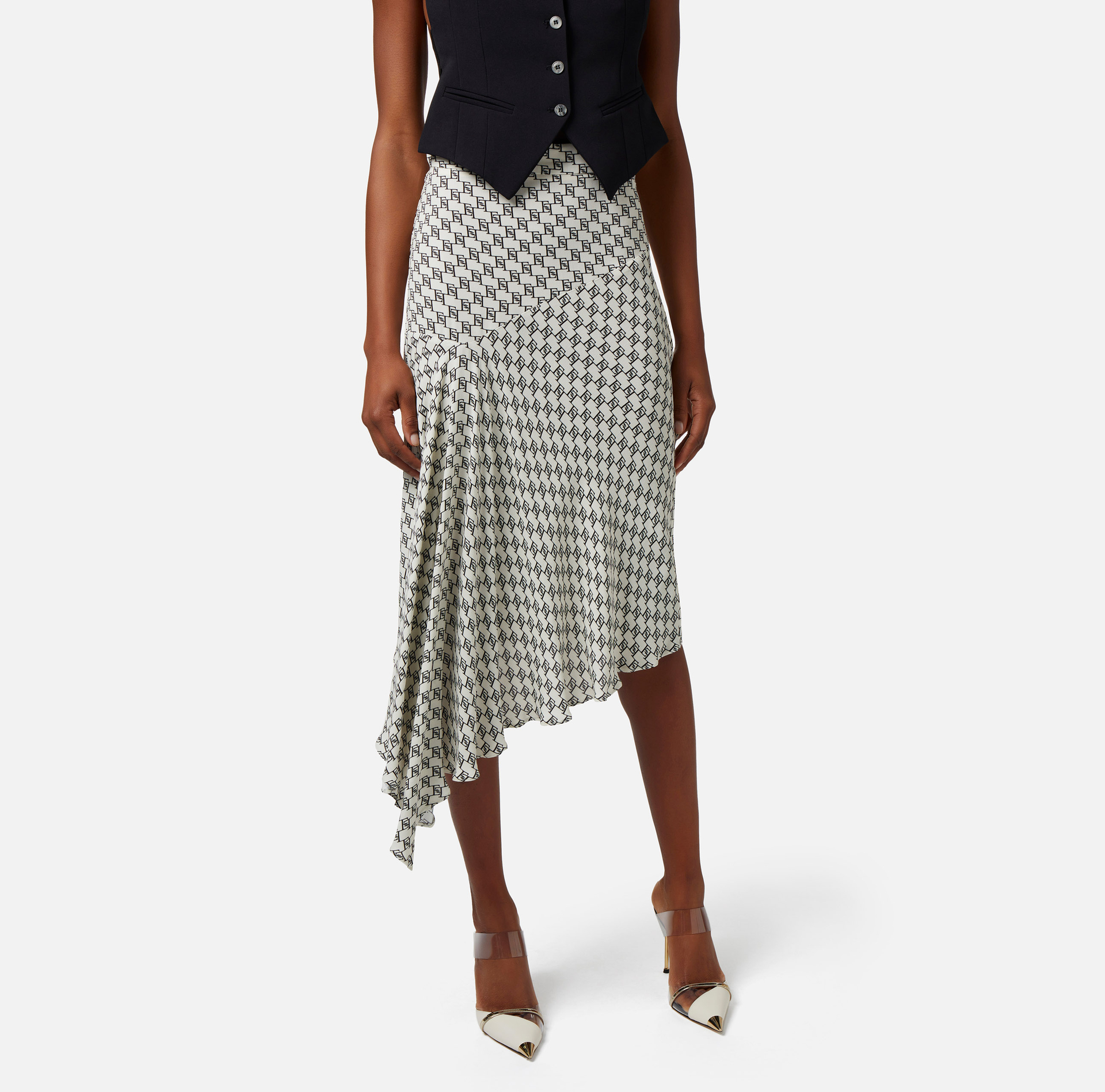 Logo print asymmetrical georgette midi skirt - Elisabetta Franchi® Outlet