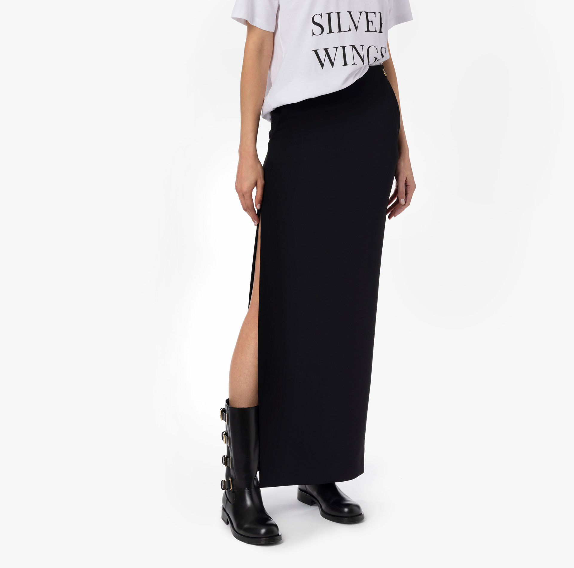 Long skirt in lightweight crêpe fabric with side slit - Elisabetta Franchi® Outlet