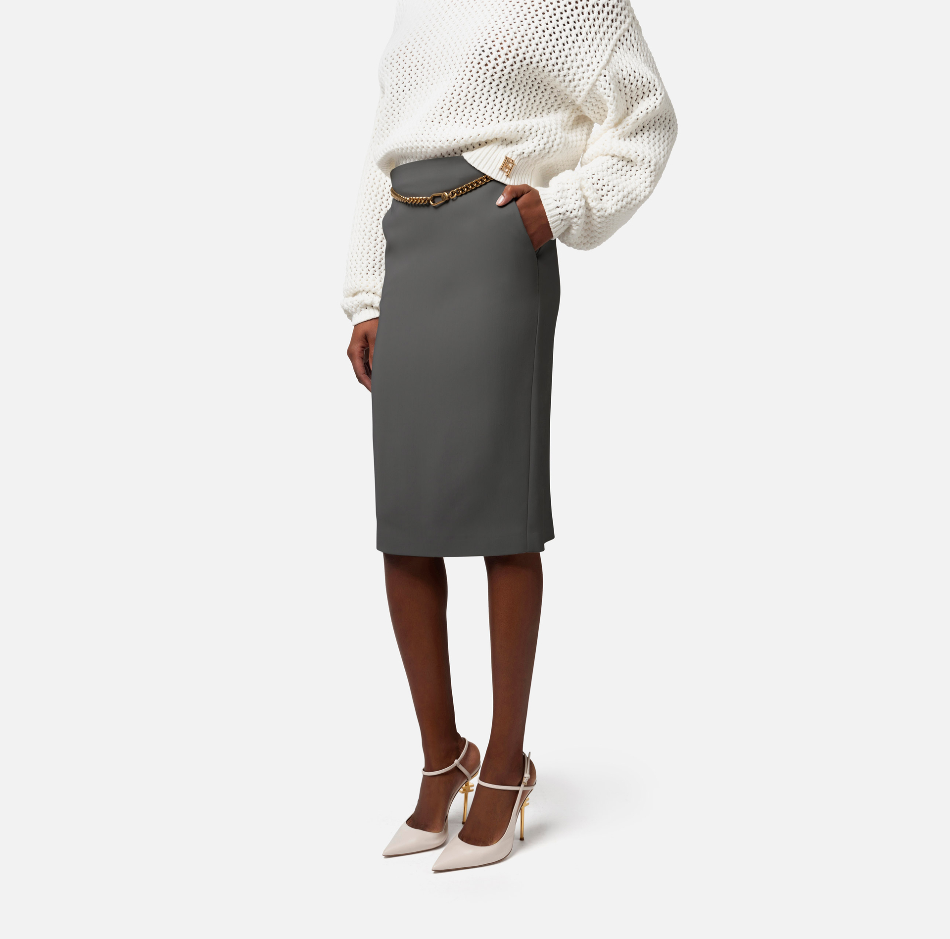 Viscose gabardine midi skirt with belt - Elisabetta Franchi® Outlet