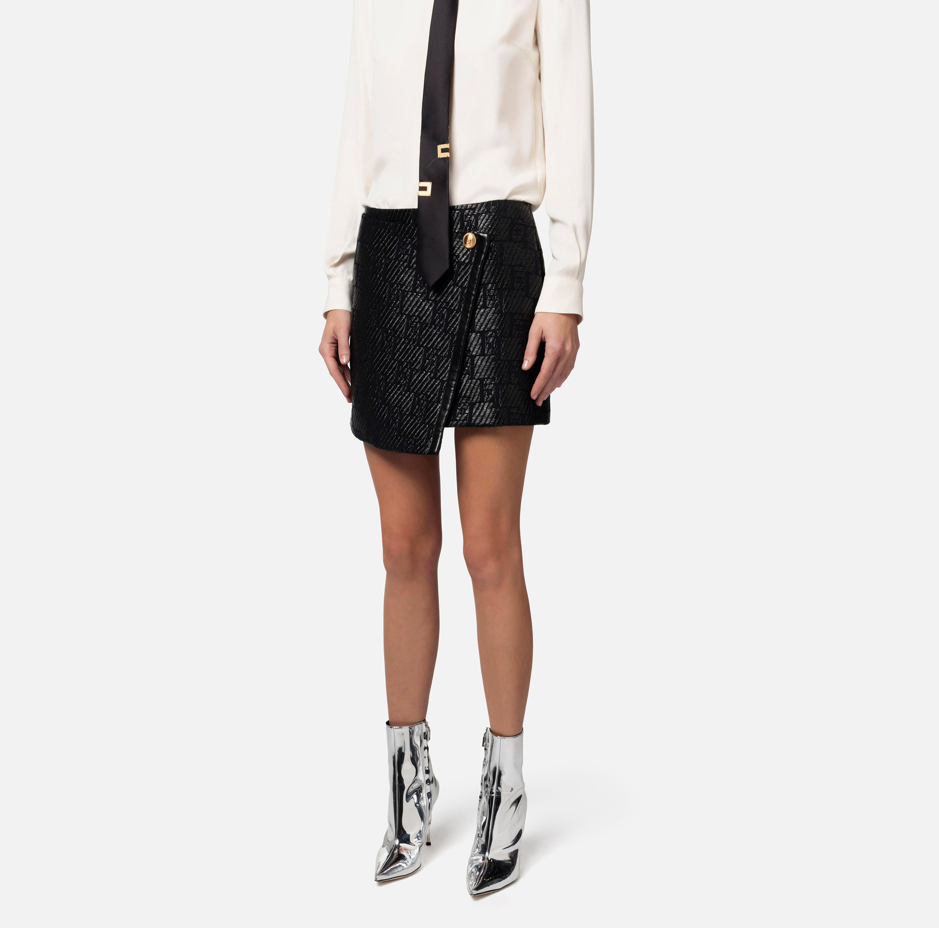 Miniskirt in jacquard raffia with lurex logo - Elisabetta Franchi® Outlet