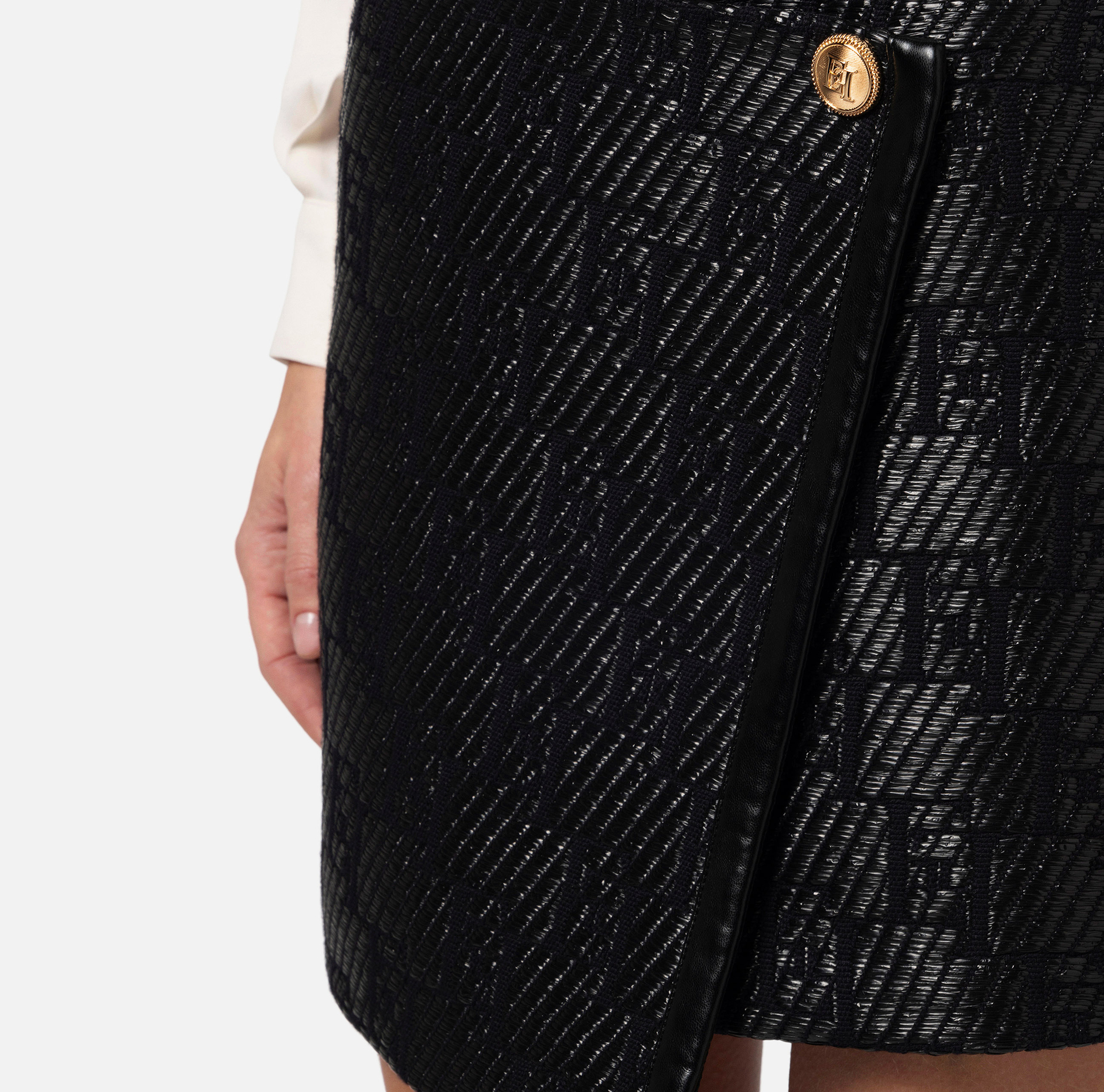 Miniskirt in jacquard raffia with lurex logo - Elisabetta Franchi® Outlet