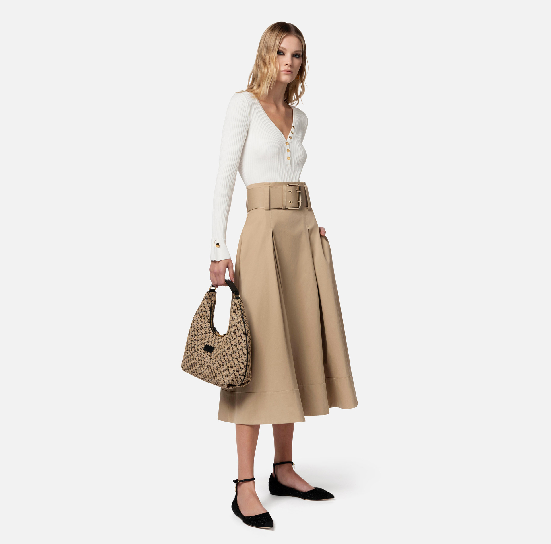 Stretch cotton midi skirt with belt - Elisabetta Franchi® Outlet