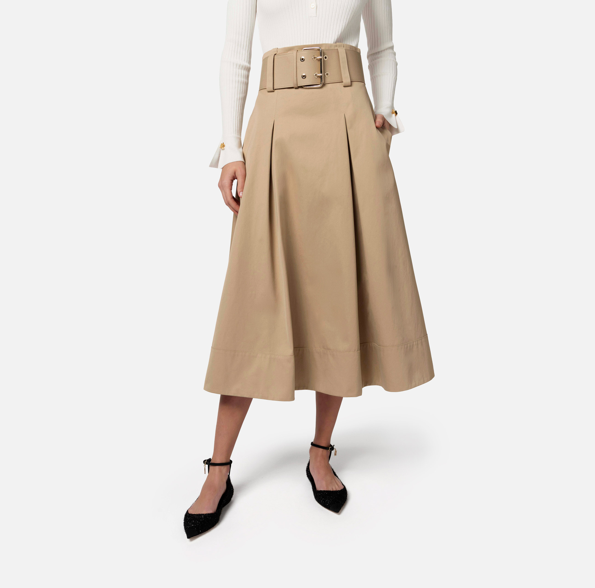 Stretch cotton midi skirt with belt - Elisabetta Franchi® Outlet