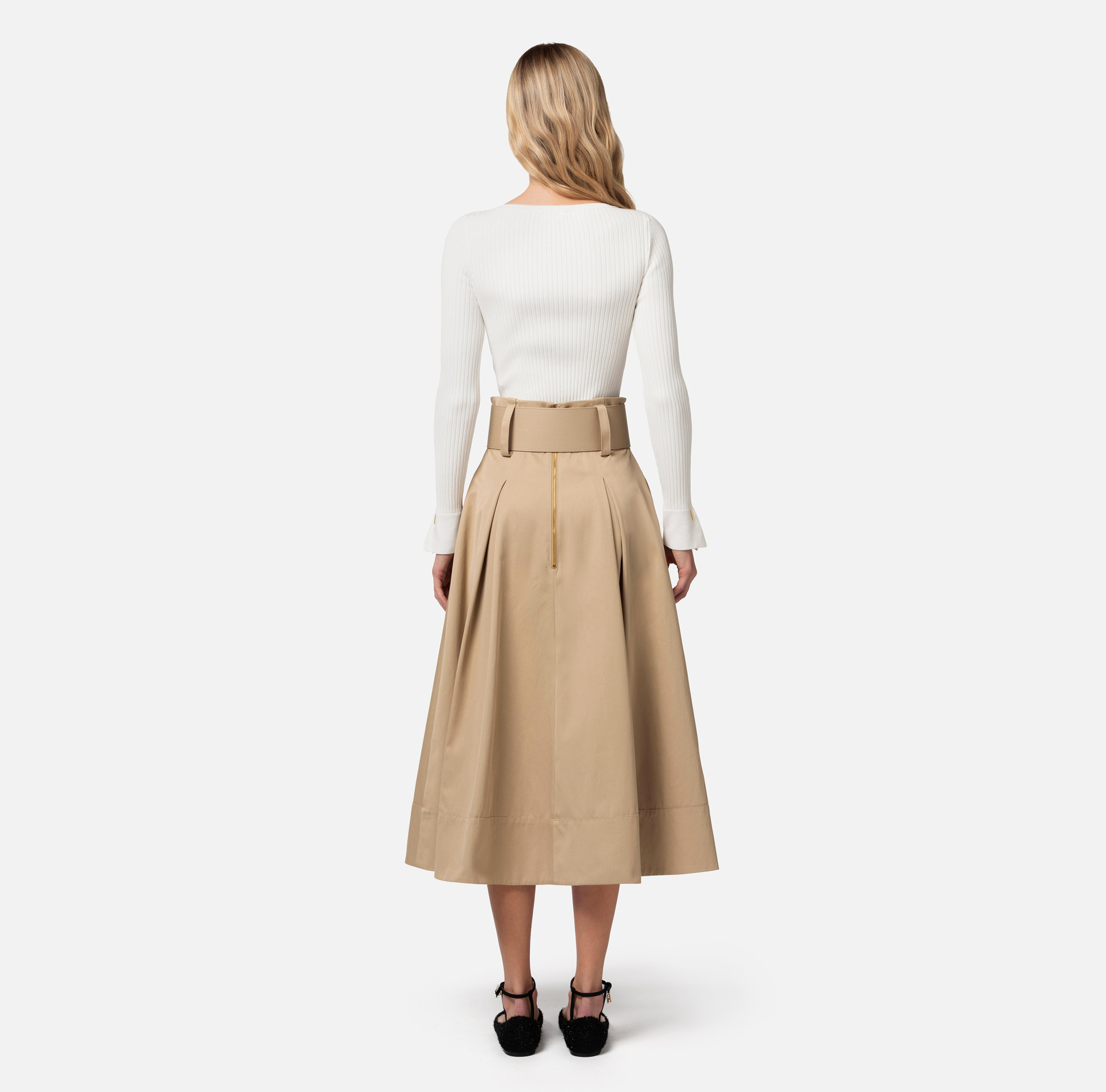 Stretch cotton midi skirt with belt - Elisabetta Franchi® Outlet