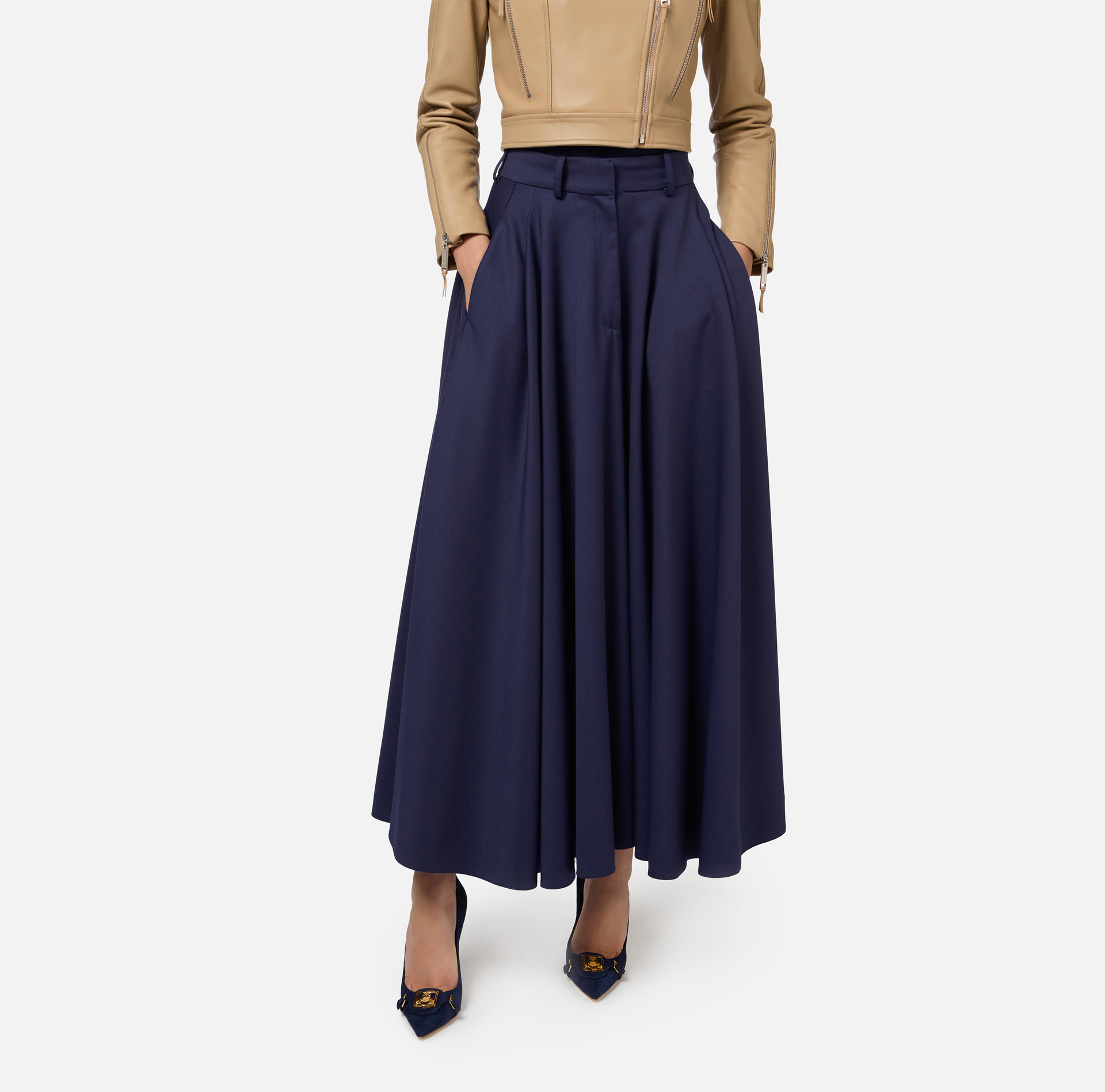 Gonna midi in fresco lana con ricamo stemma | Elisabetta Franchi® Outlet