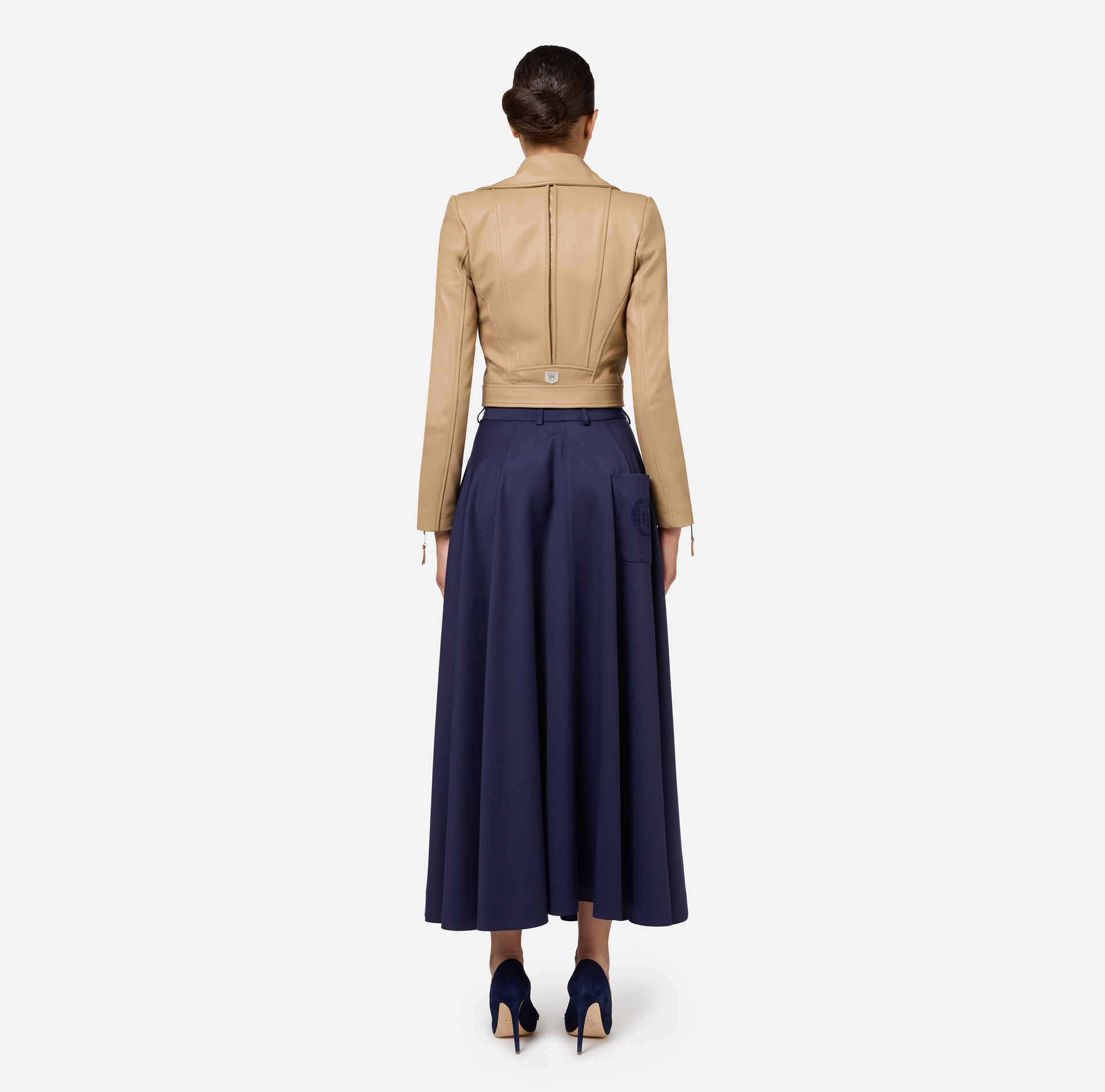 Gonna midi in fresco lana con ricamo stemma - Elisabetta Franchi® Outlet