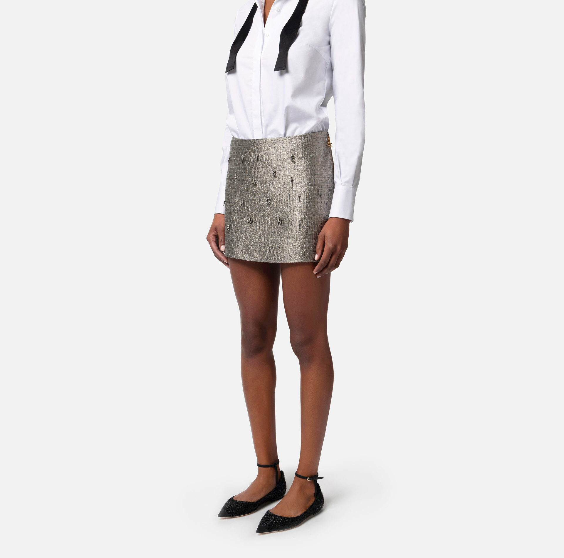 Mini-jupe en tweed lurex avec lettrage de strass - Elisabetta Franchi® Outlet