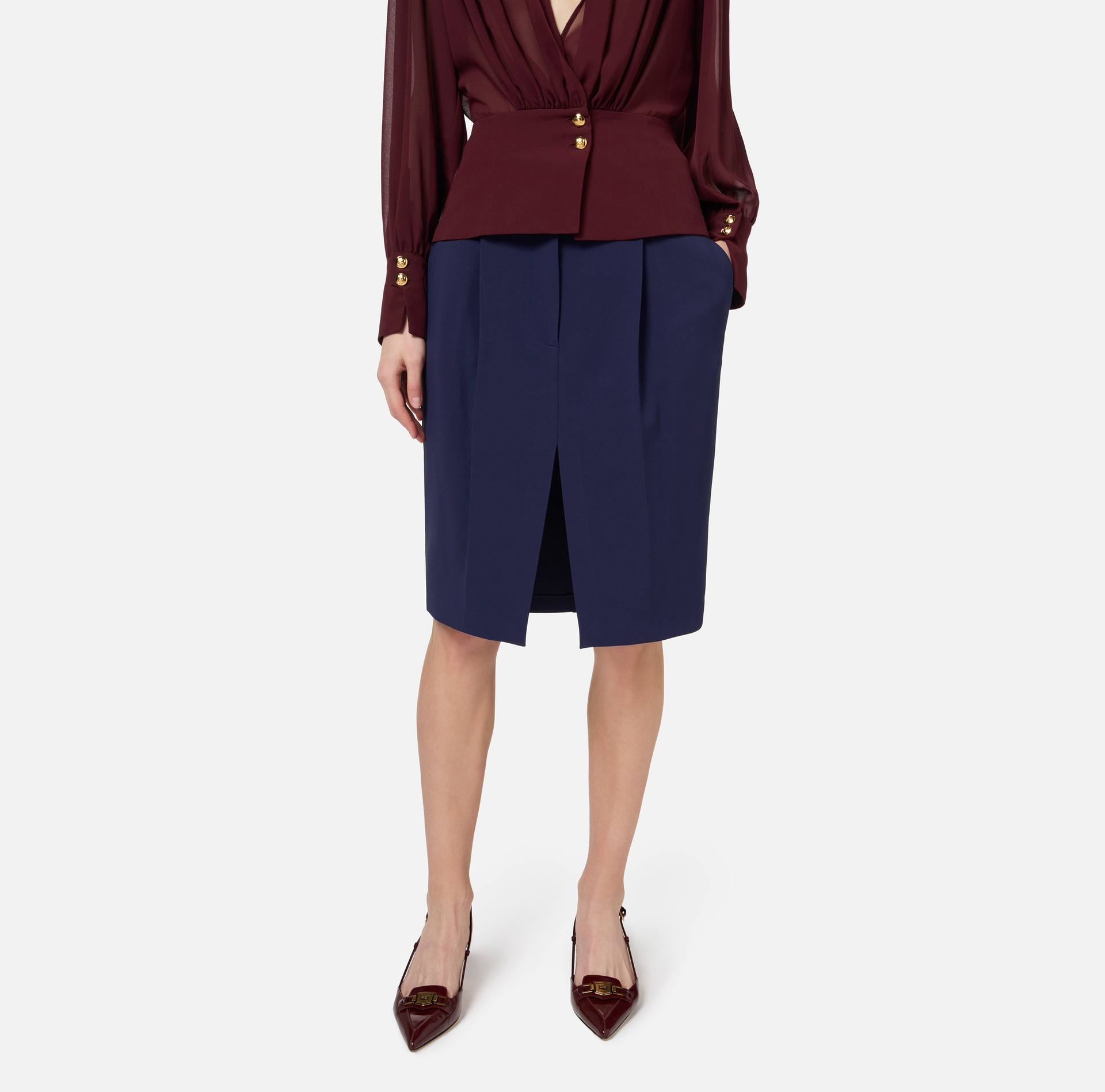 Gonna midi in crêpe stretch con pinces - Elisabetta Franchi® Outlet