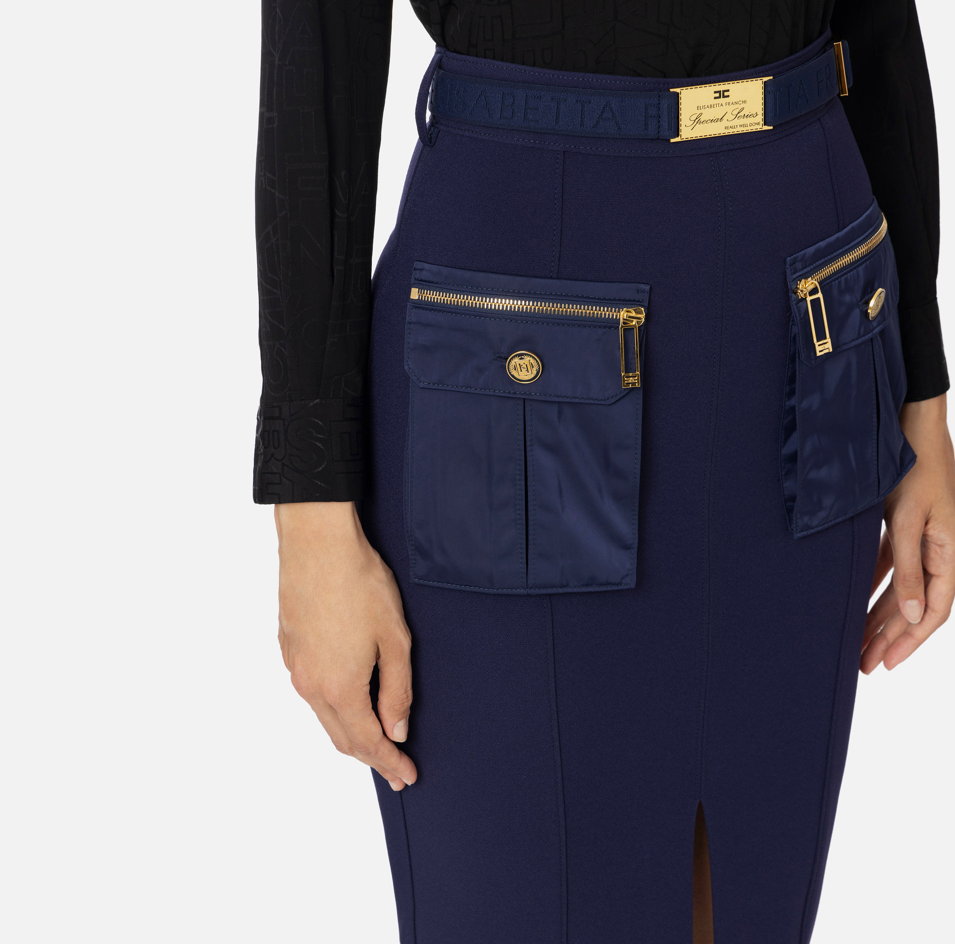Midi-Rock aus Crêpe mit Taschen und Gürtel - Elisabetta Franchi® Outlet