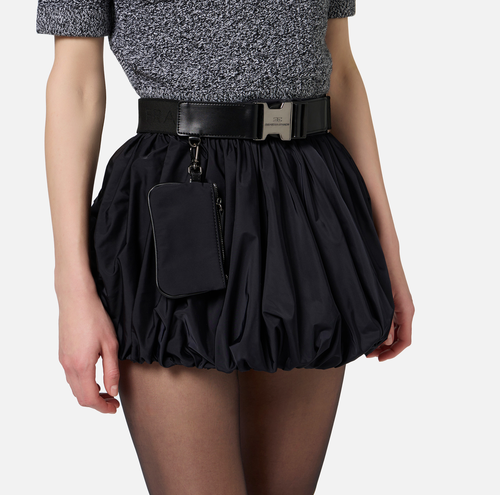 Minifalda abombada de nylon técnico con cinturón - Elisabetta Franchi® Outlet