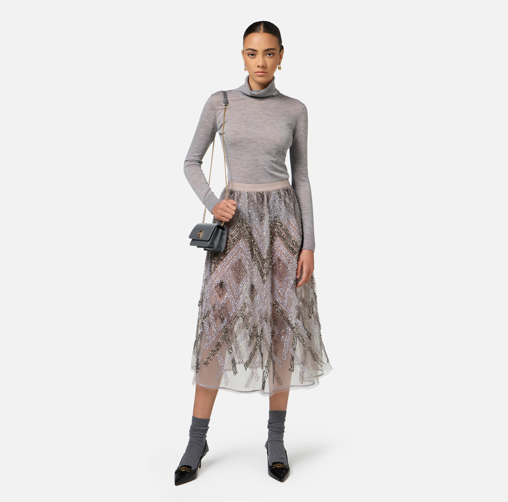 Midi-Rock aus Tüll mit Pailletten-Stickerei im Chevron-Muster - Elisabetta Franchi® Outlet