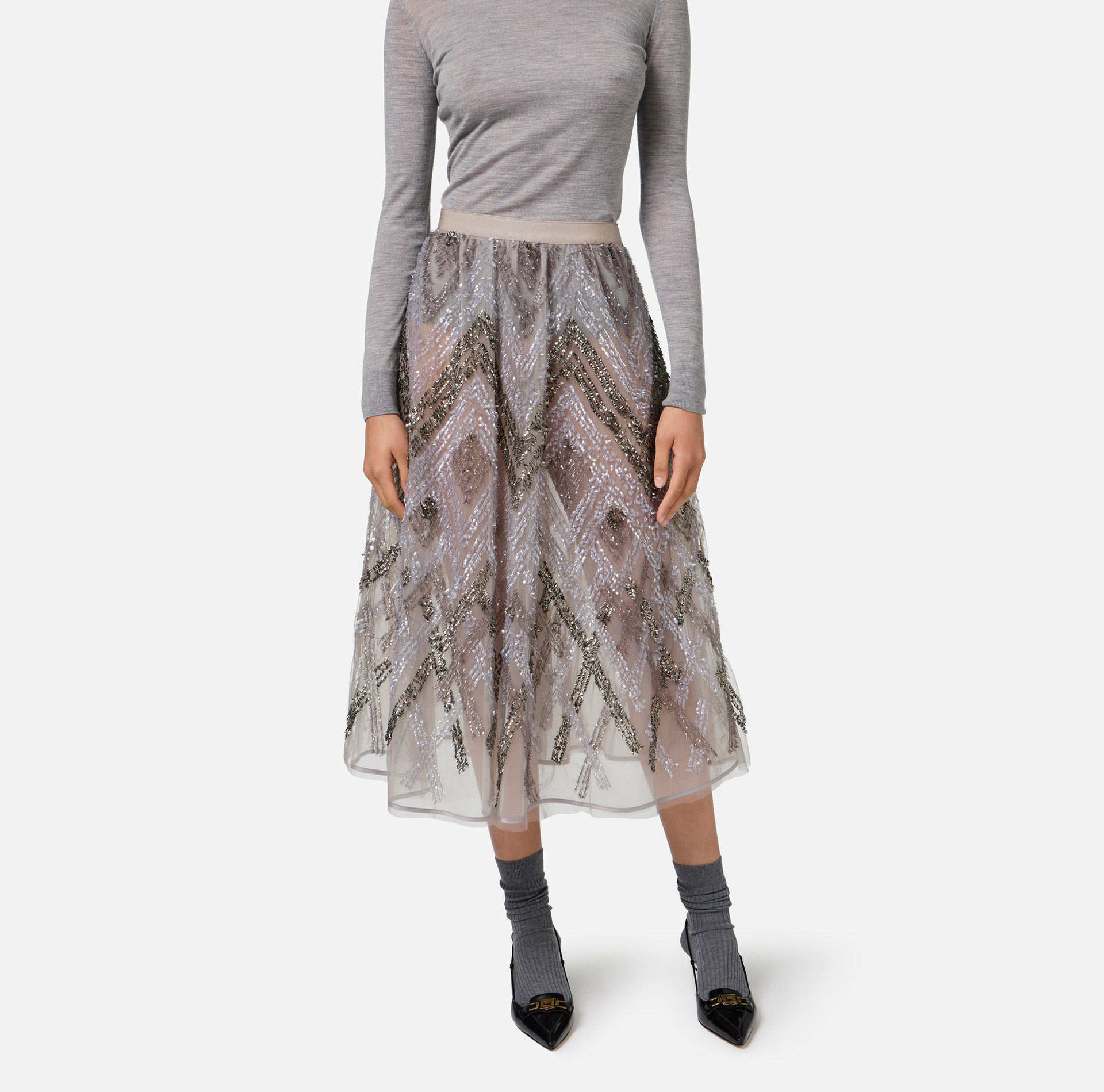 Midi-Rock aus Tüll mit Pailletten-Stickerei im Chevron-Muster - Elisabetta Franchi® Outlet