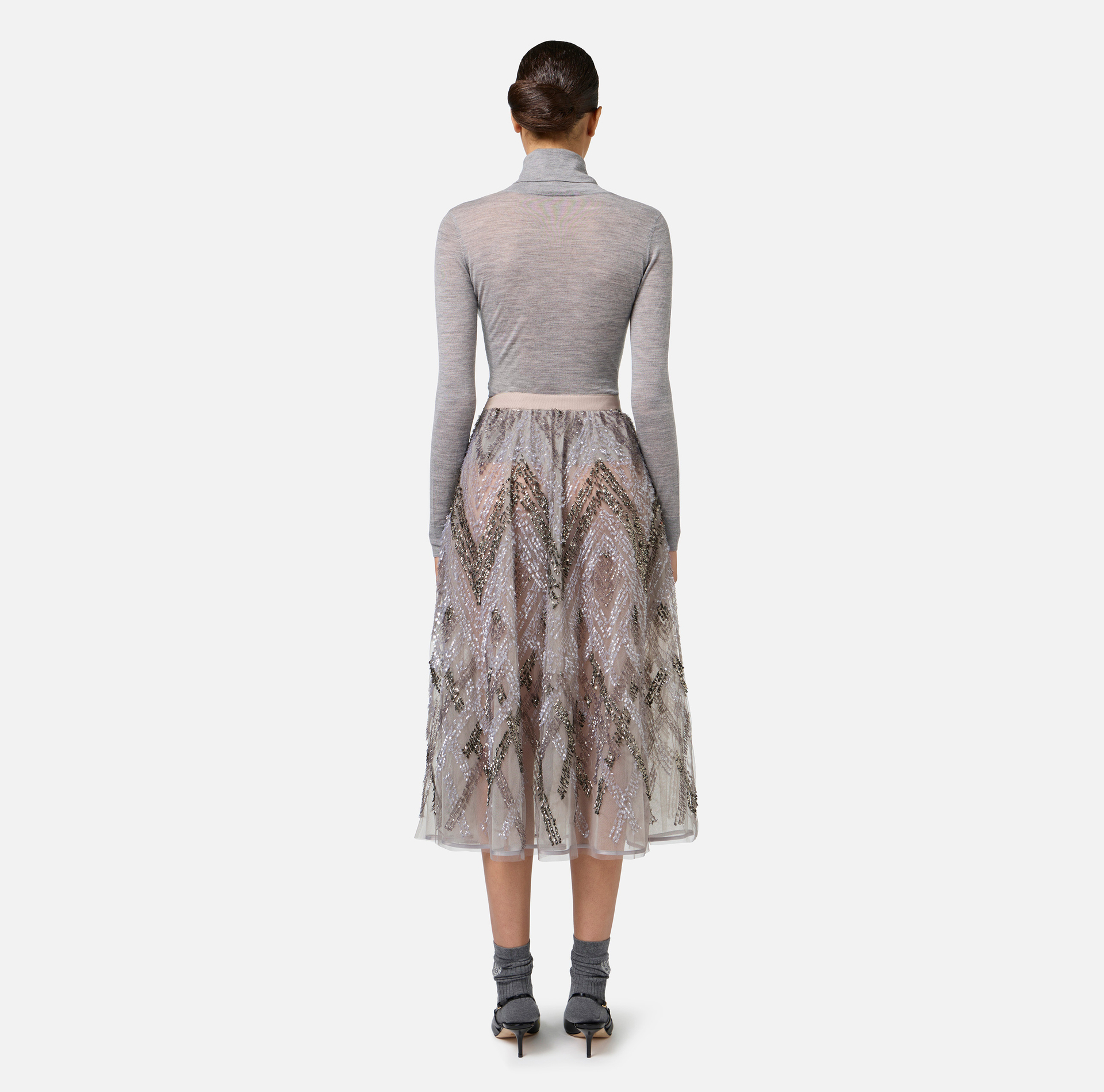 Midi-Rock aus Tüll mit Pailletten-Stickerei im Chevron-Muster - Elisabetta Franchi® Outlet