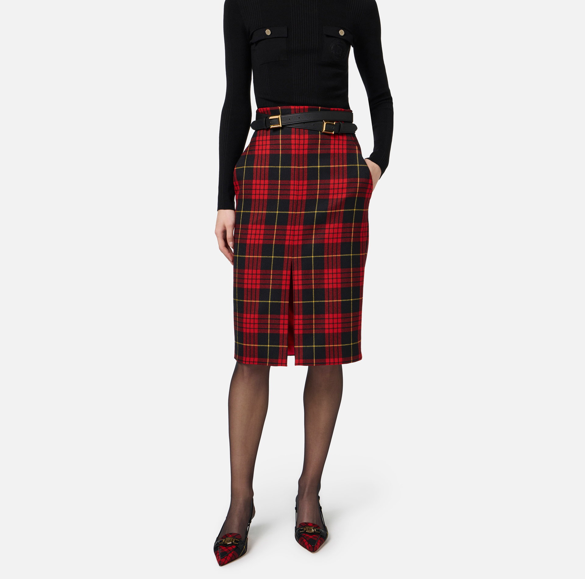 Tartan wool midi skirt with belt - Elisabetta Franchi® Outlet