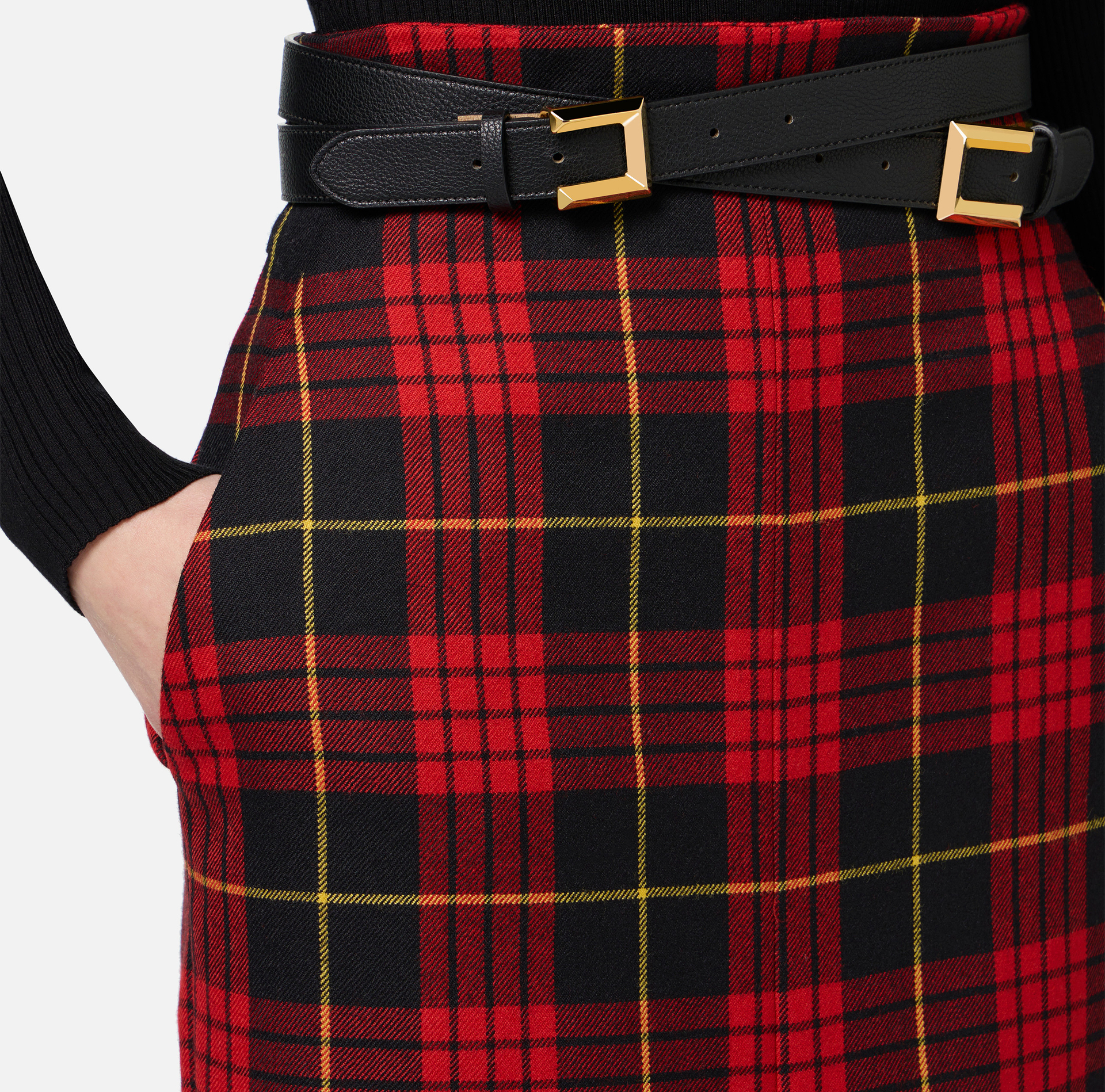 Tartan wool midi skirt with belt - Elisabetta Franchi® Outlet