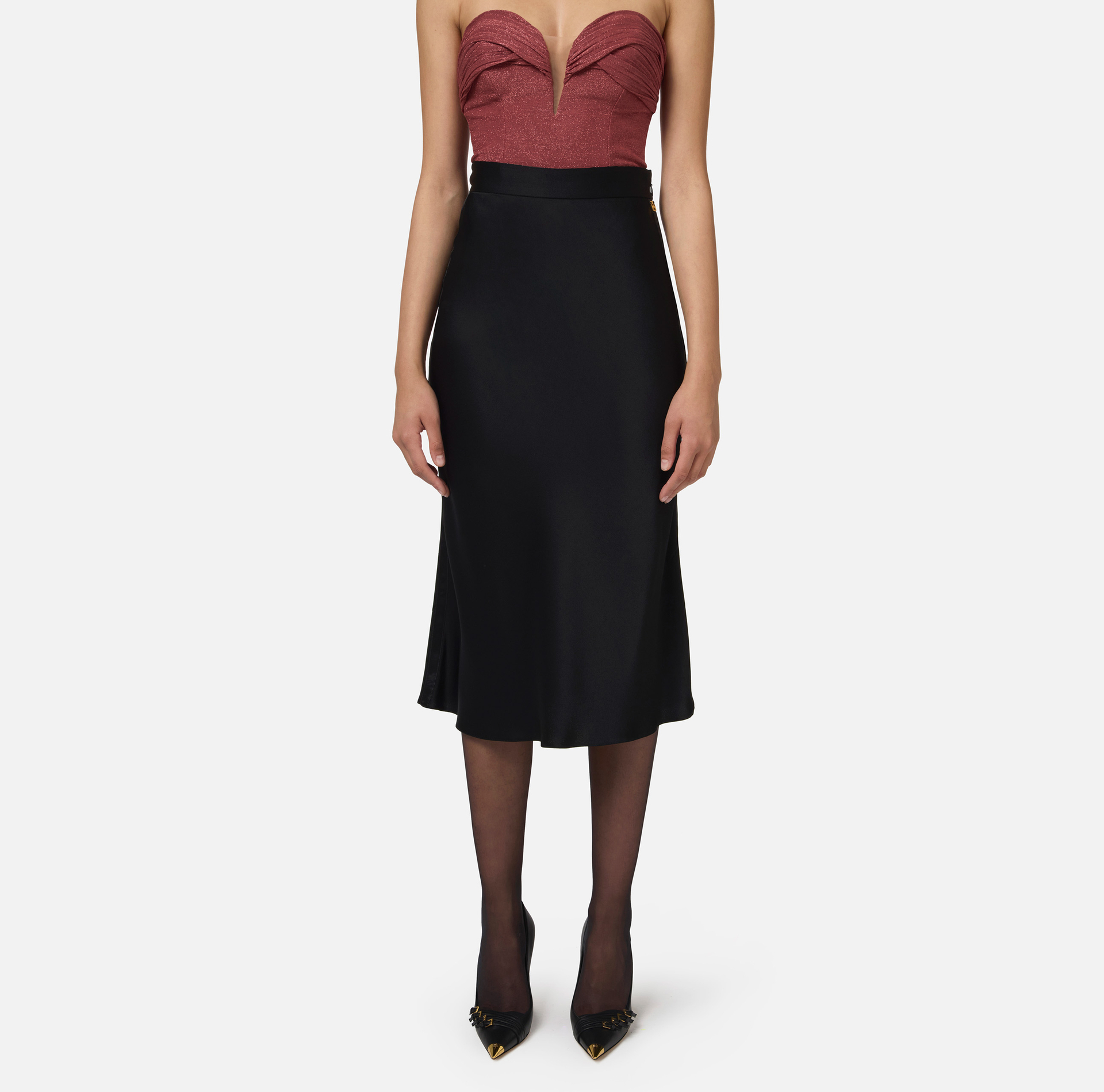 Falda midi de satén con bandas de raso - Elisabetta Franchi® Outlet