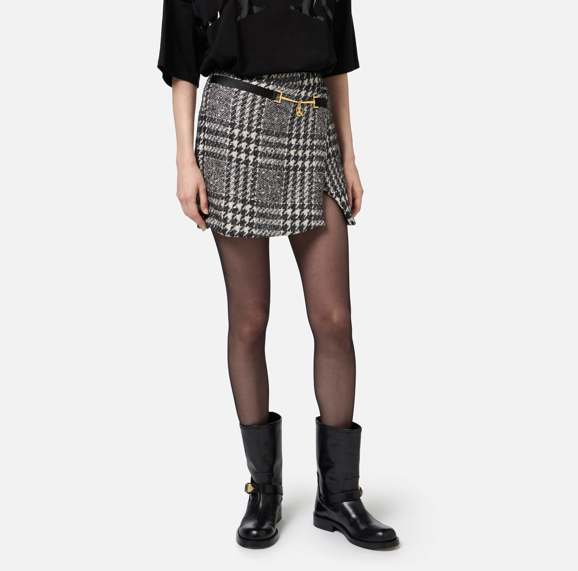 Mini-jupe portefeuille en tweed laminé - Elisabetta Franchi® Outlet