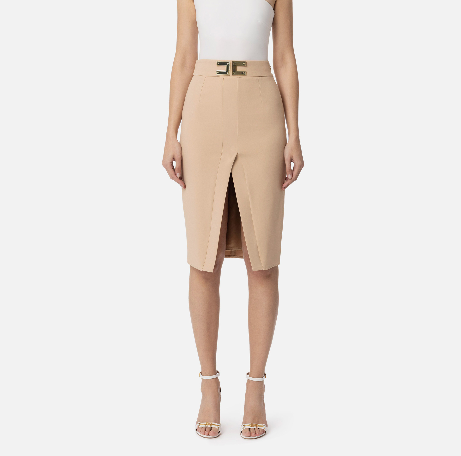 Falda midi de crepé elástico con placa del logotipo - Elisabetta Franchi® Outlet