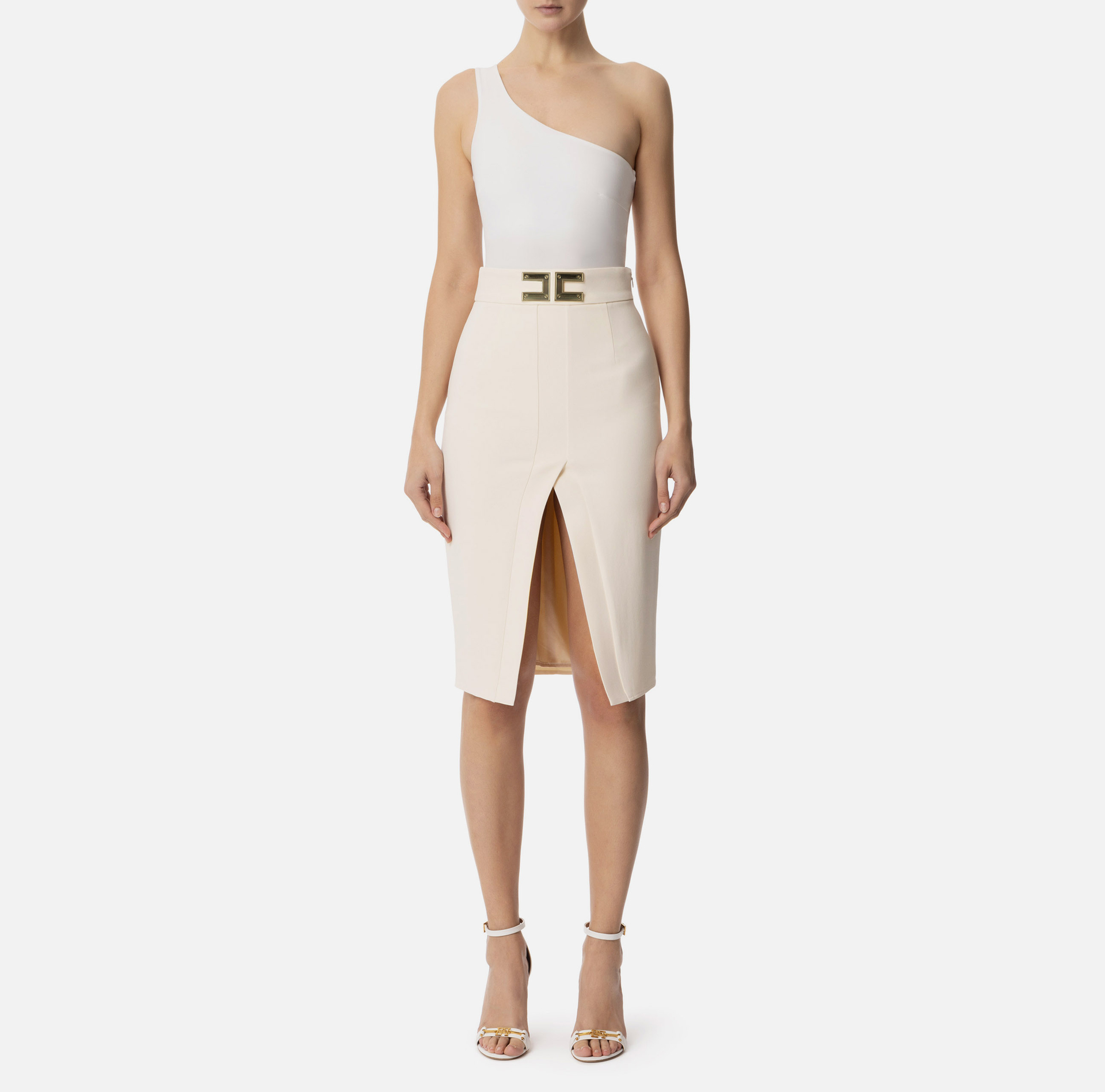 Falda midi de crepé elástico con placa del logotipo - Elisabetta Franchi® Outlet