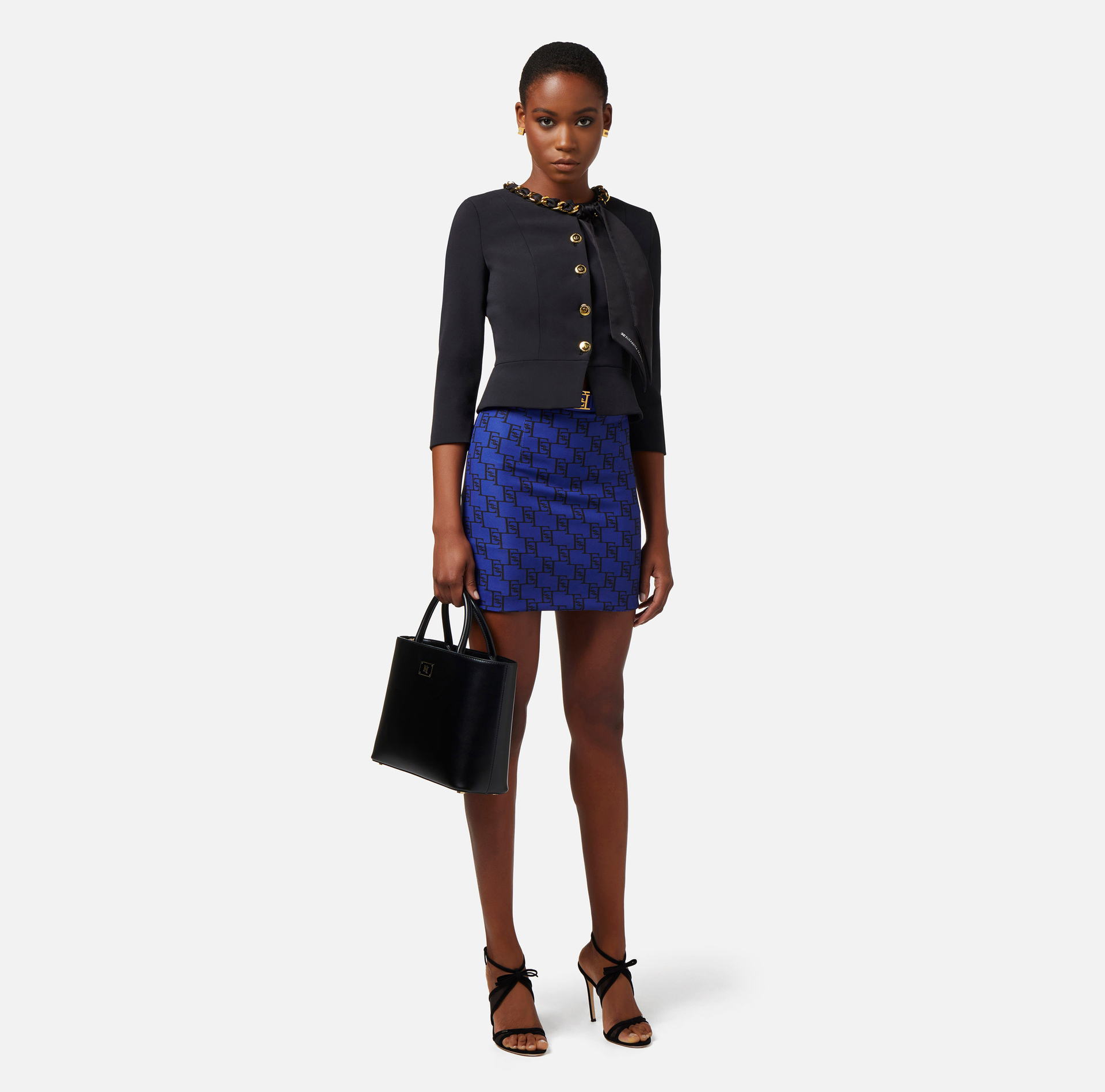 Stretch crêpe mini skirt with logo print - Elisabetta Franchi® Outlet