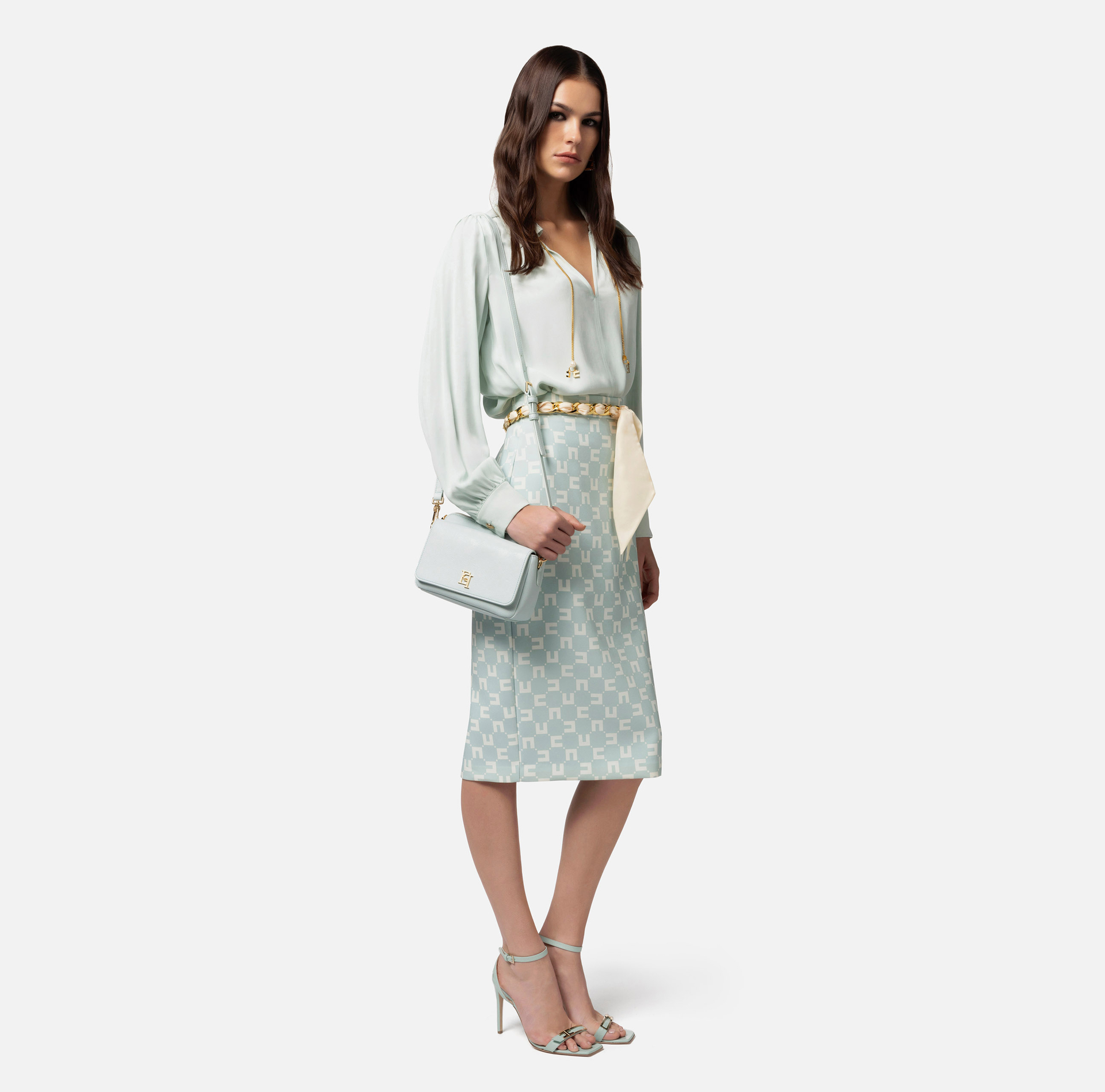 Jupe mi-mollet en crêpe stretch imprimé logo avec ceinture foulard | Elisabetta Franchi® Outlet
