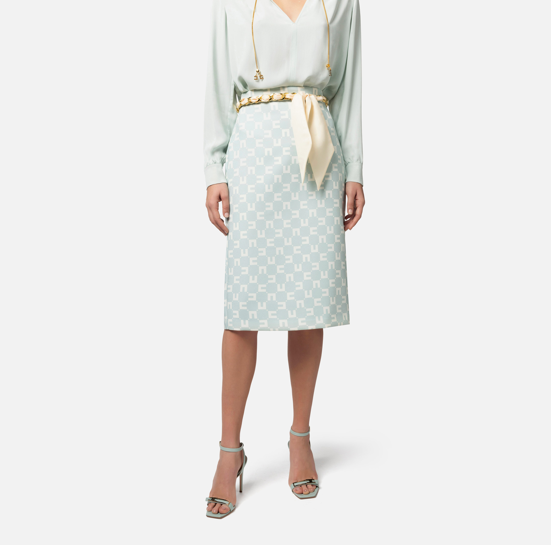 Jupe mi-mollet en crêpe stretch imprimé logo avec ceinture foulard | Elisabetta Franchi® Outlet