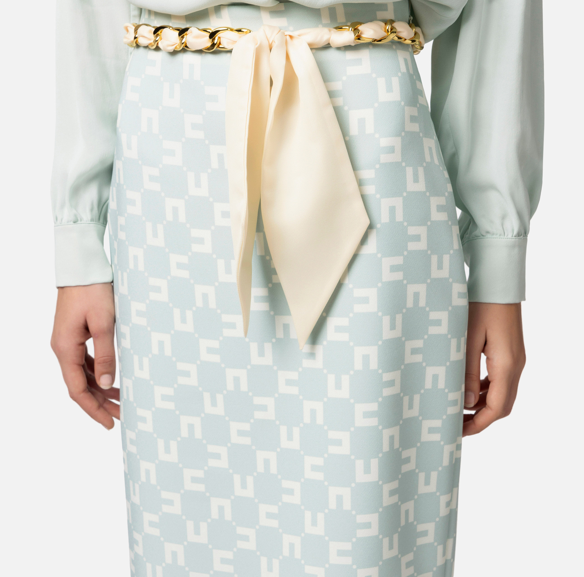 Jupe mi-mollet en crêpe stretch imprimé logo avec ceinture foulard | Elisabetta Franchi® Outlet