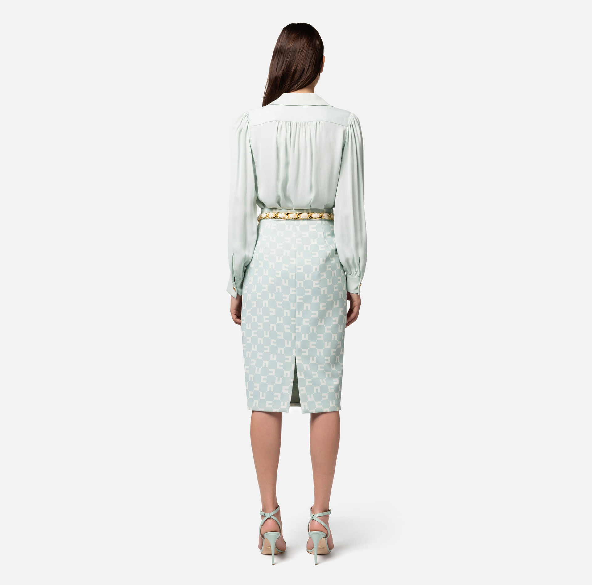 Jupe mi-mollet en crêpe stretch imprimé logo avec ceinture foulard | Elisabetta Franchi® Outlet