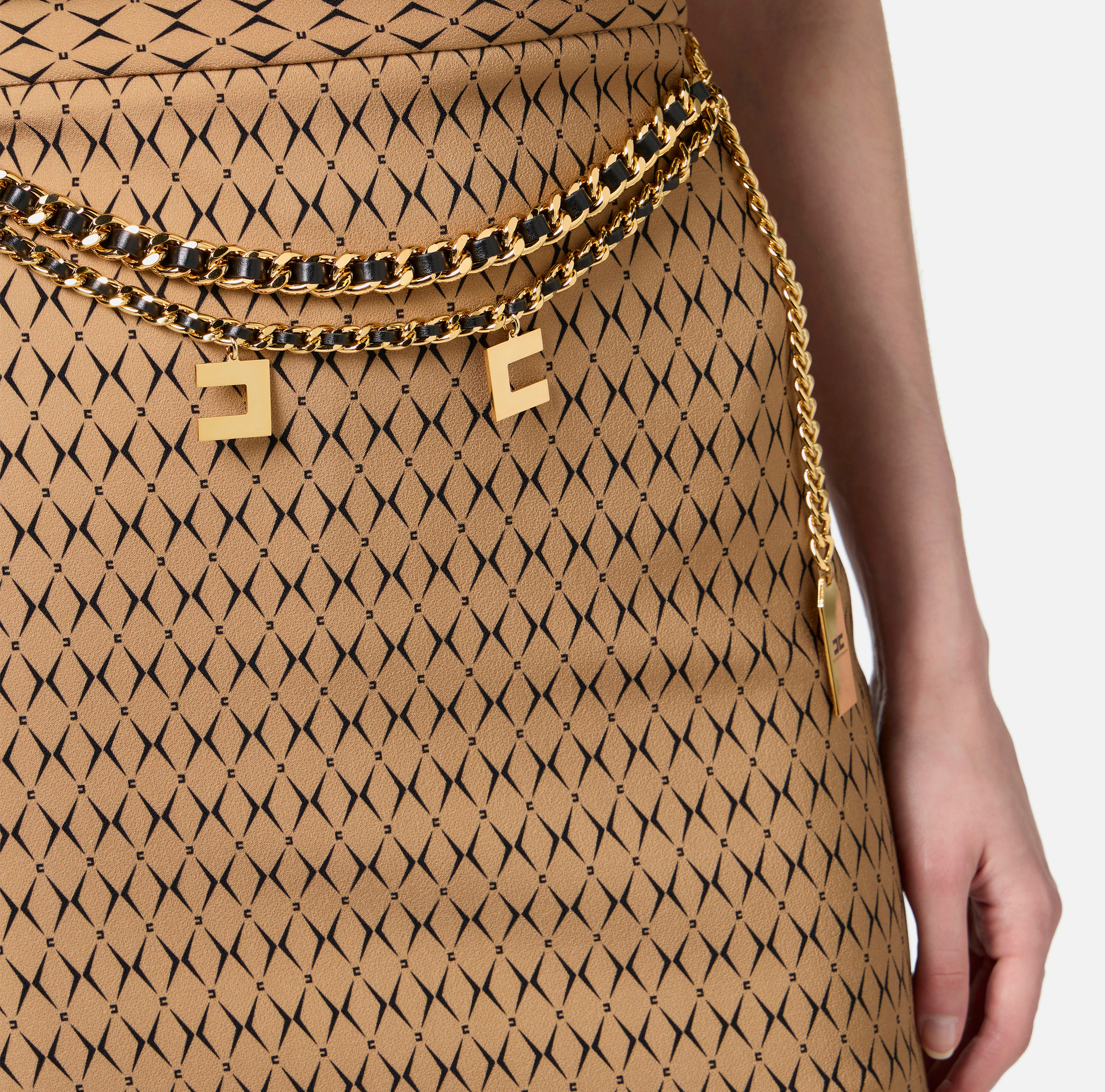 Crêpe miniskirt with diamond print and chain - Elisabetta Franchi® Outlet