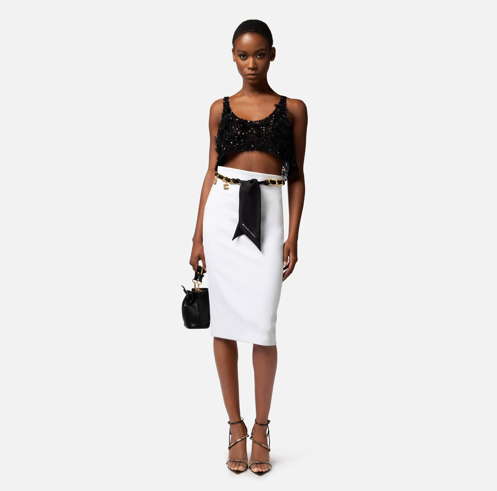 Jupe mi-mollet en crêpe stretch avec ceinture foulard - Elisabetta Franchi® Outlet