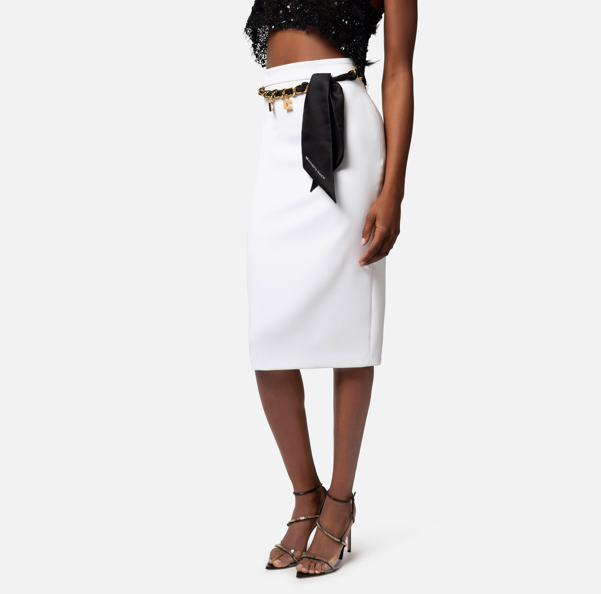 Jupe mi-mollet en crêpe stretch avec ceinture foulard - Elisabetta Franchi® Outlet