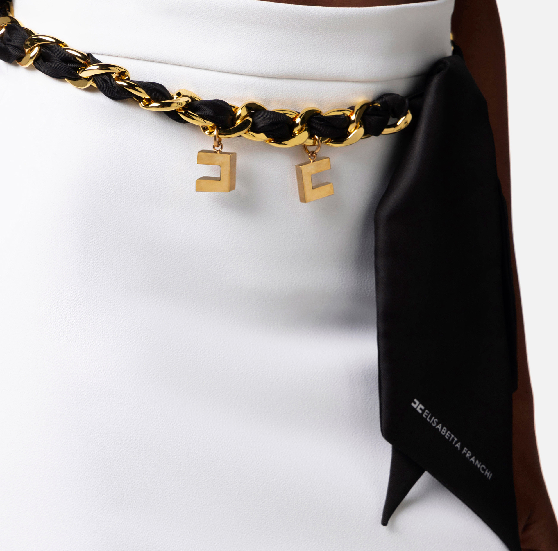 Jupe mi-mollet en crêpe stretch avec ceinture foulard - Elisabetta Franchi® Outlet